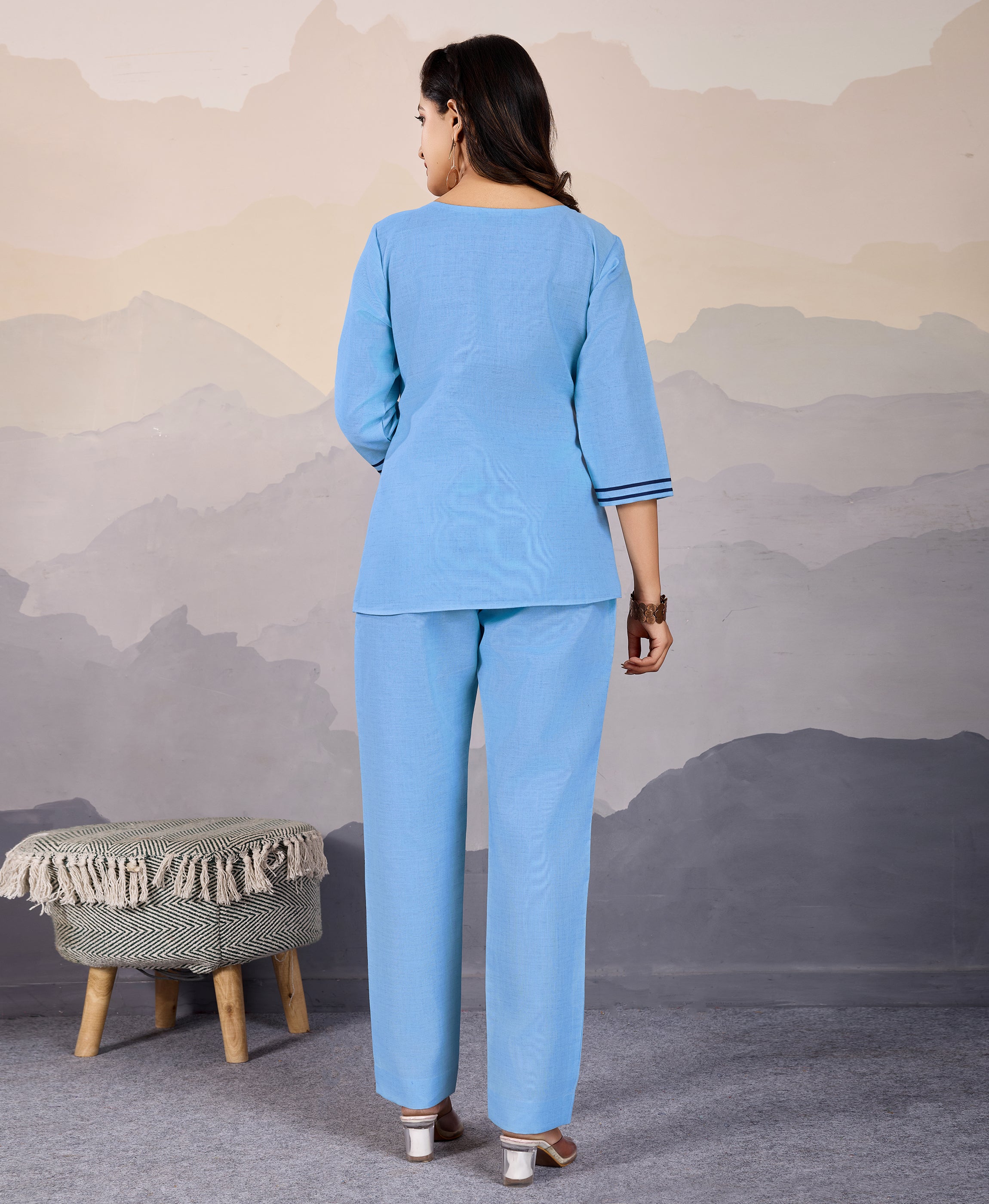 Her Couture Women's Sky Blue Linen Silk Butterfly Printed Causal Co-ord Set