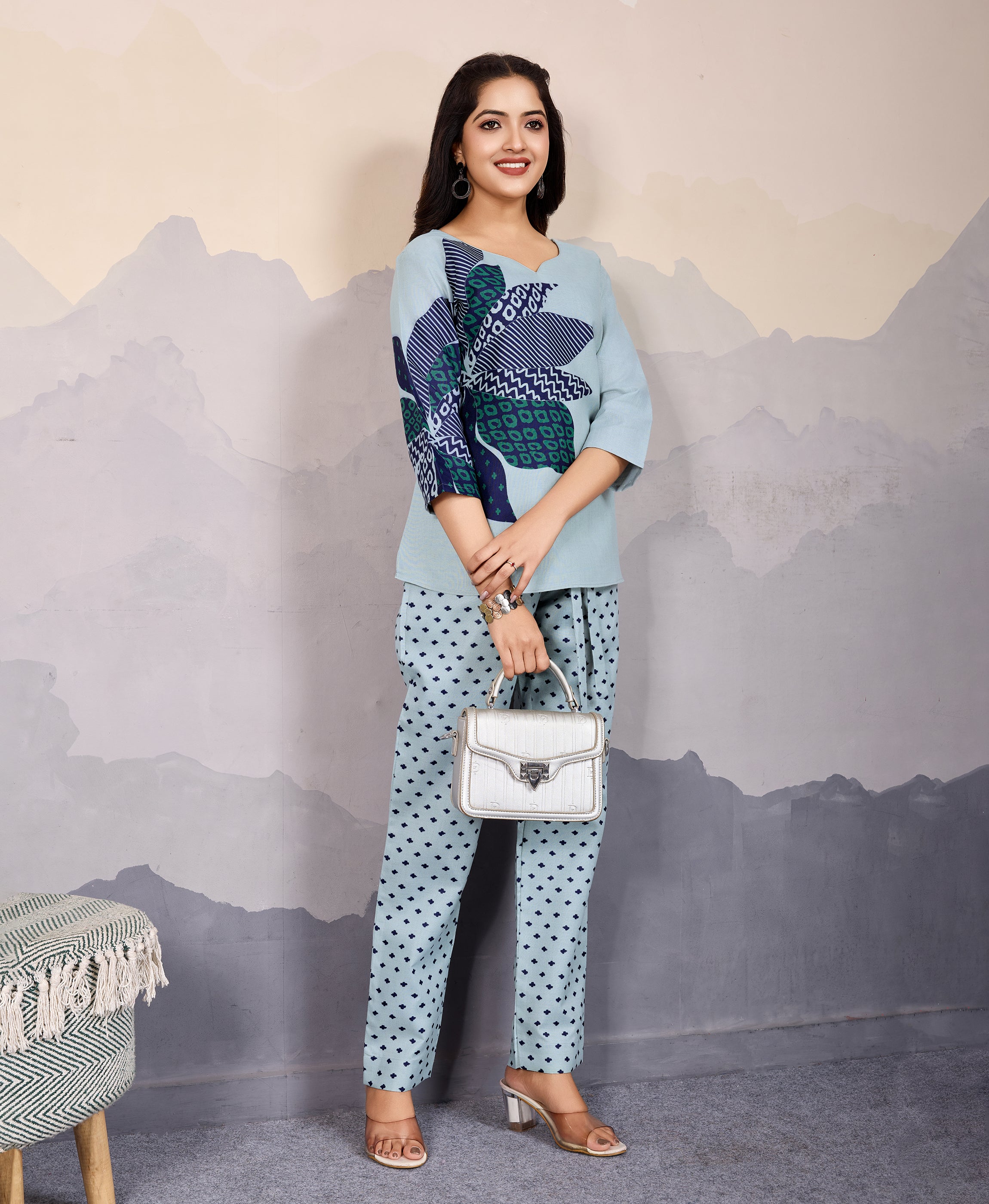 Her Couture Women's Grey Linen Silk Floral Printed Causal Co-ord Set