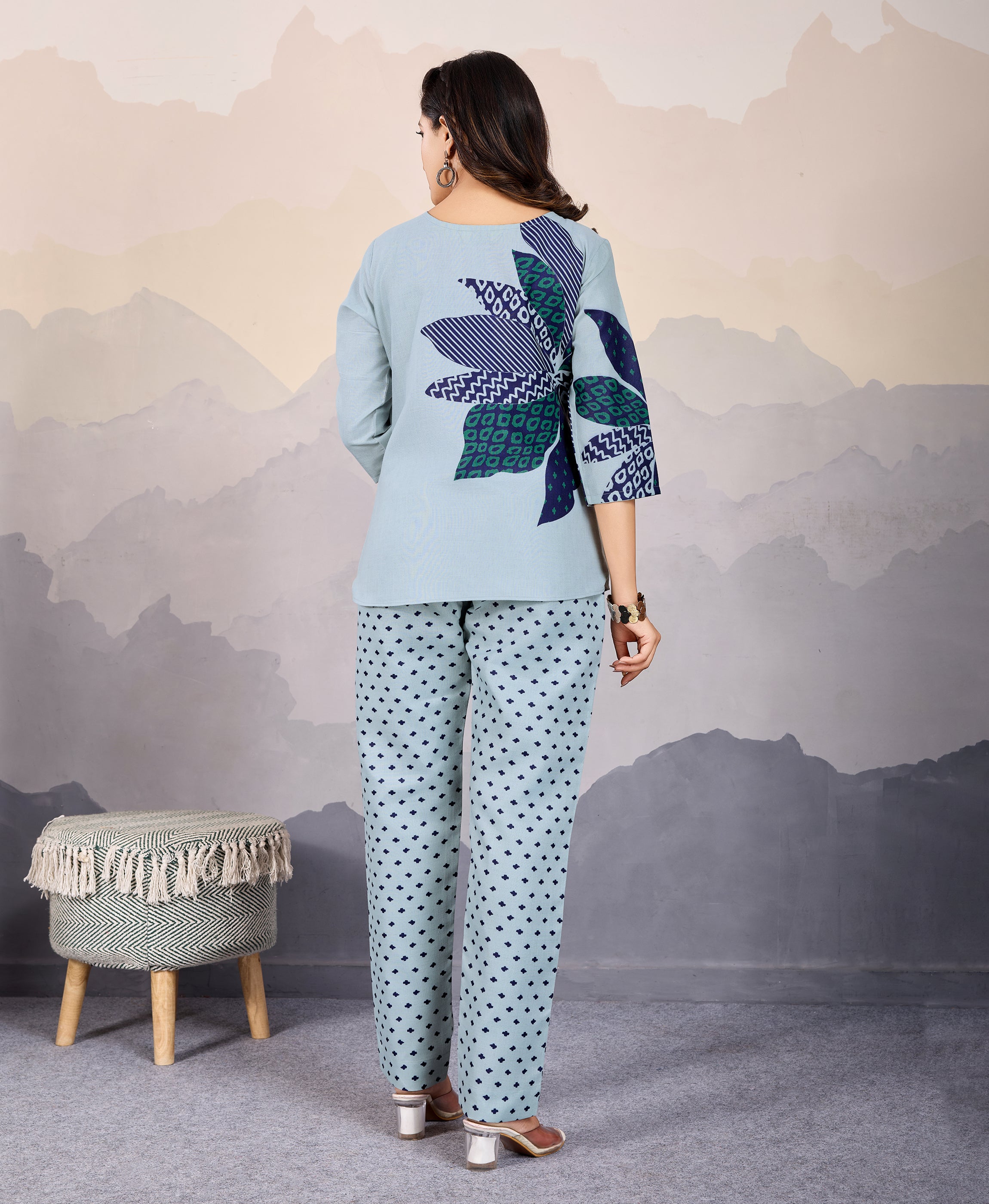 Her Couture Women's Grey Linen Silk Floral Printed Causal Co-ord Set