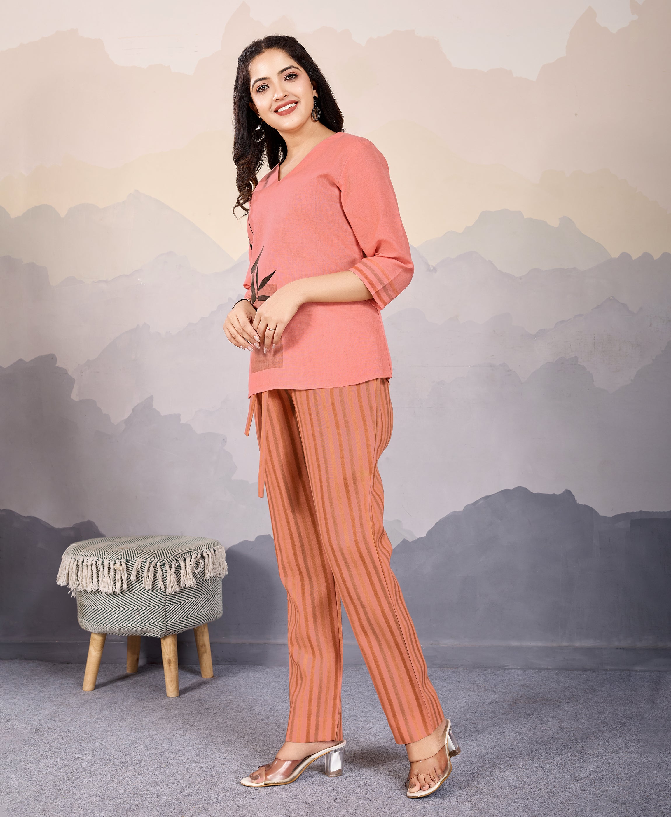 Her Couture Women's Peach Linen Silk Leaf Printed Causal Co-ord Set