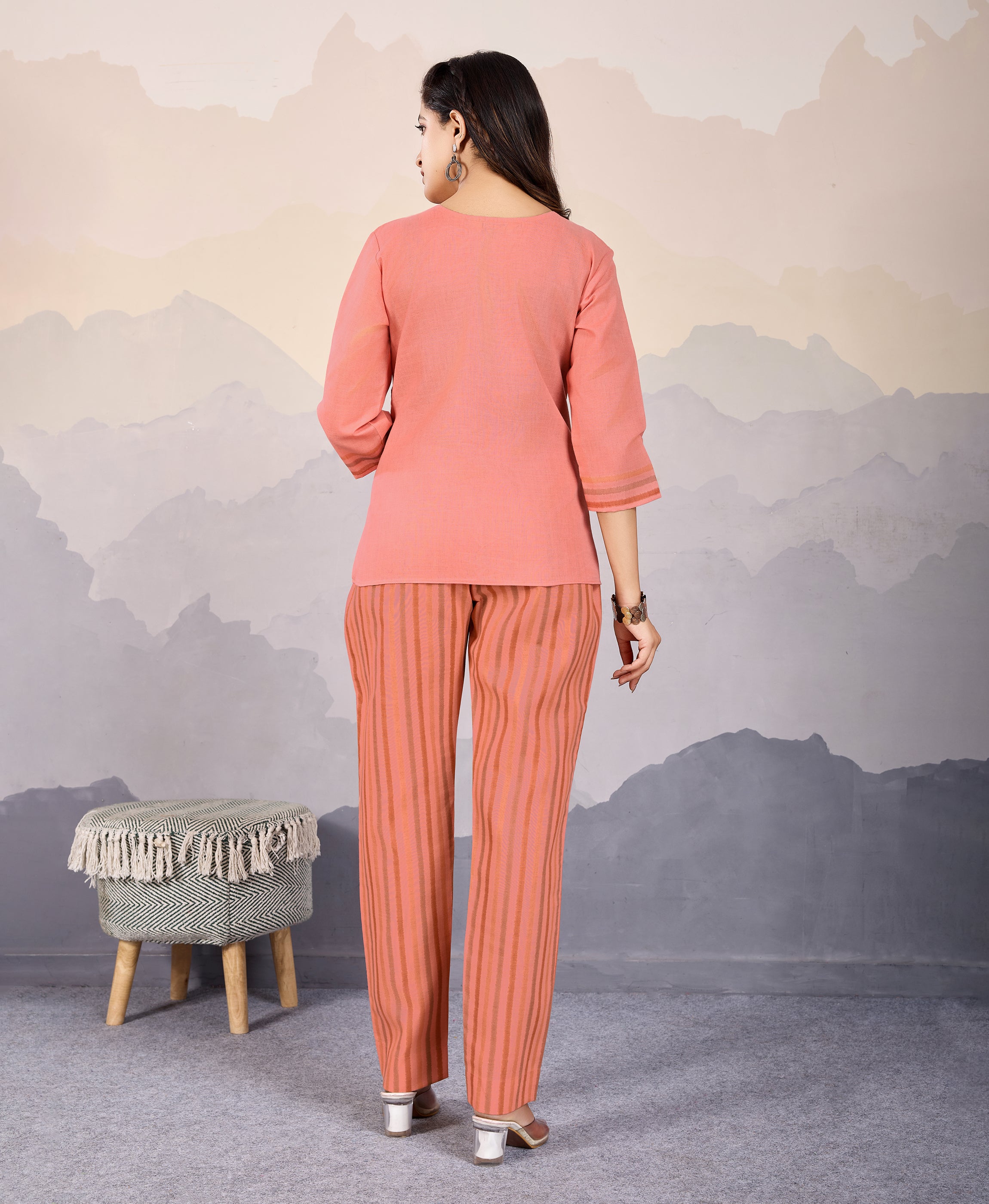 Her Couture Women's Peach Linen Silk Leaf Printed Causal Co-ord Set