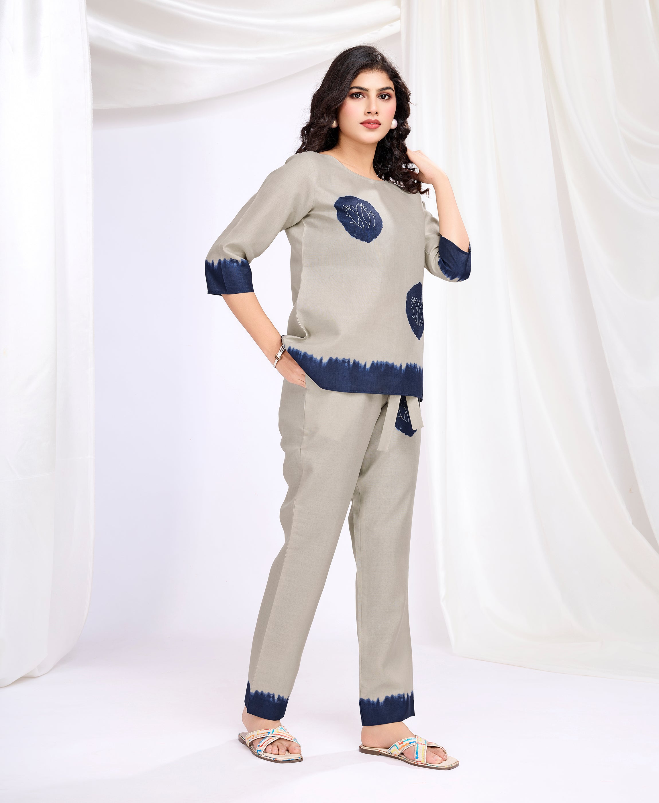Her Couture Women's Khaki Linen Silk Shibori Printed Causal Co-ord Set
