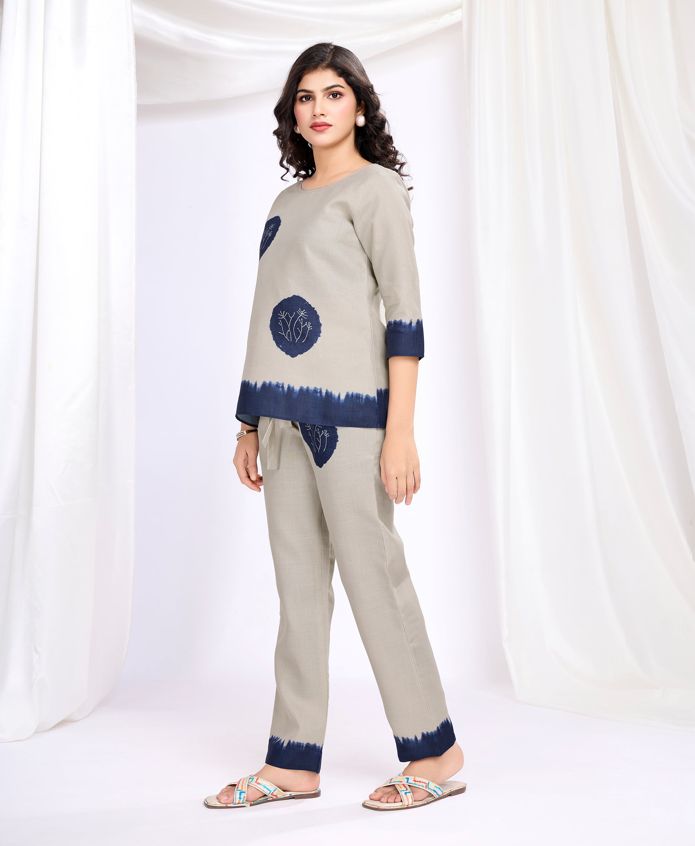 Her Couture Women's Khaki Linen Silk Shibori Printed Causal Co-ord Set