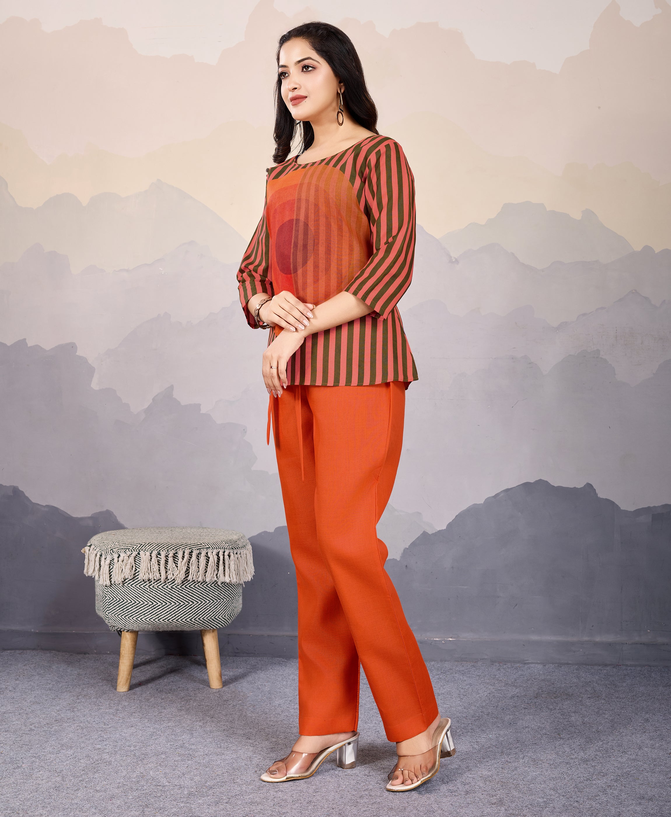 Her Couture Women's Orange Linen Silk Stripes Printed Causal Co-ord Set