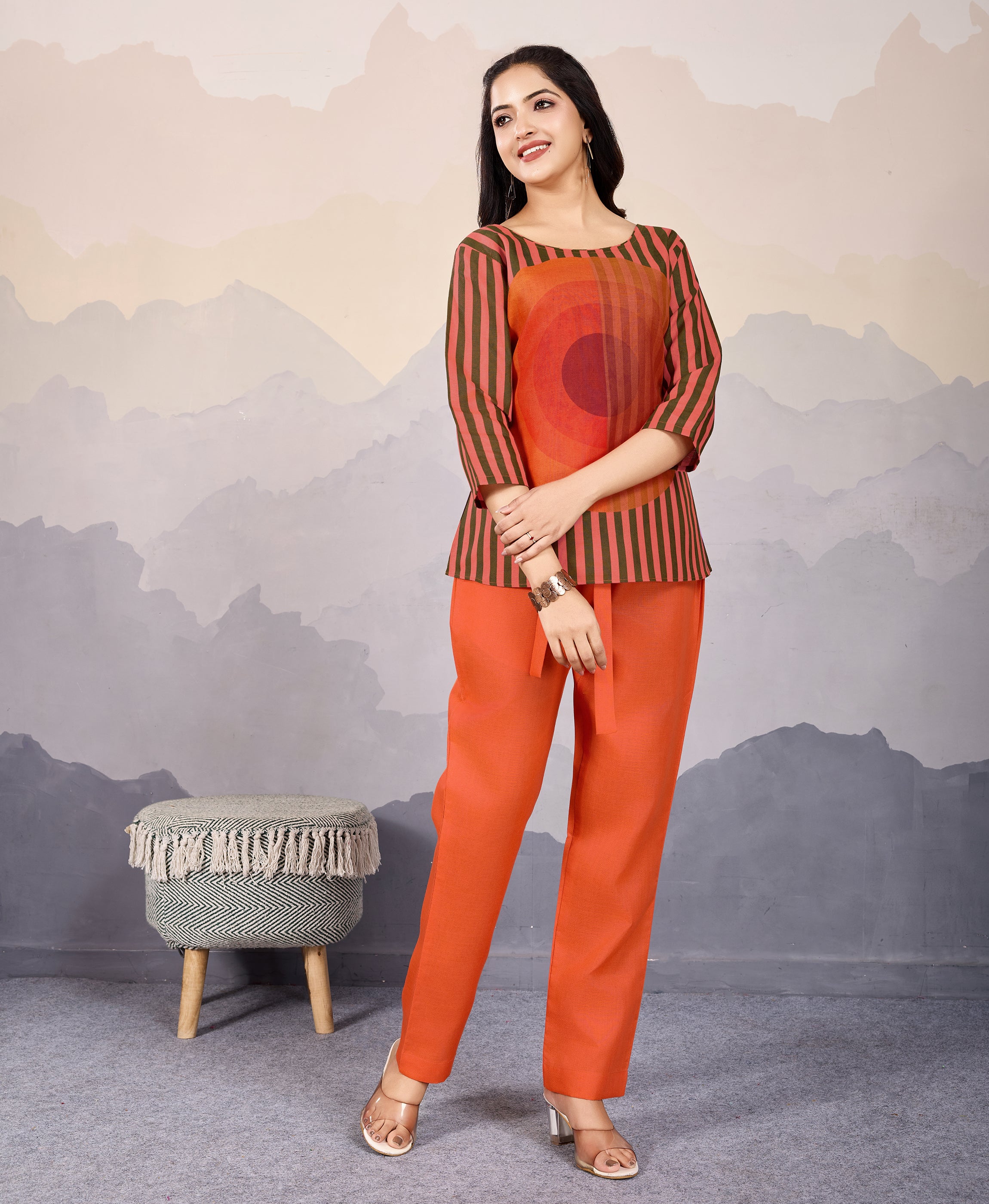 Her Couture Women's Orange Linen Silk Stripes Printed Causal Co-ord Set