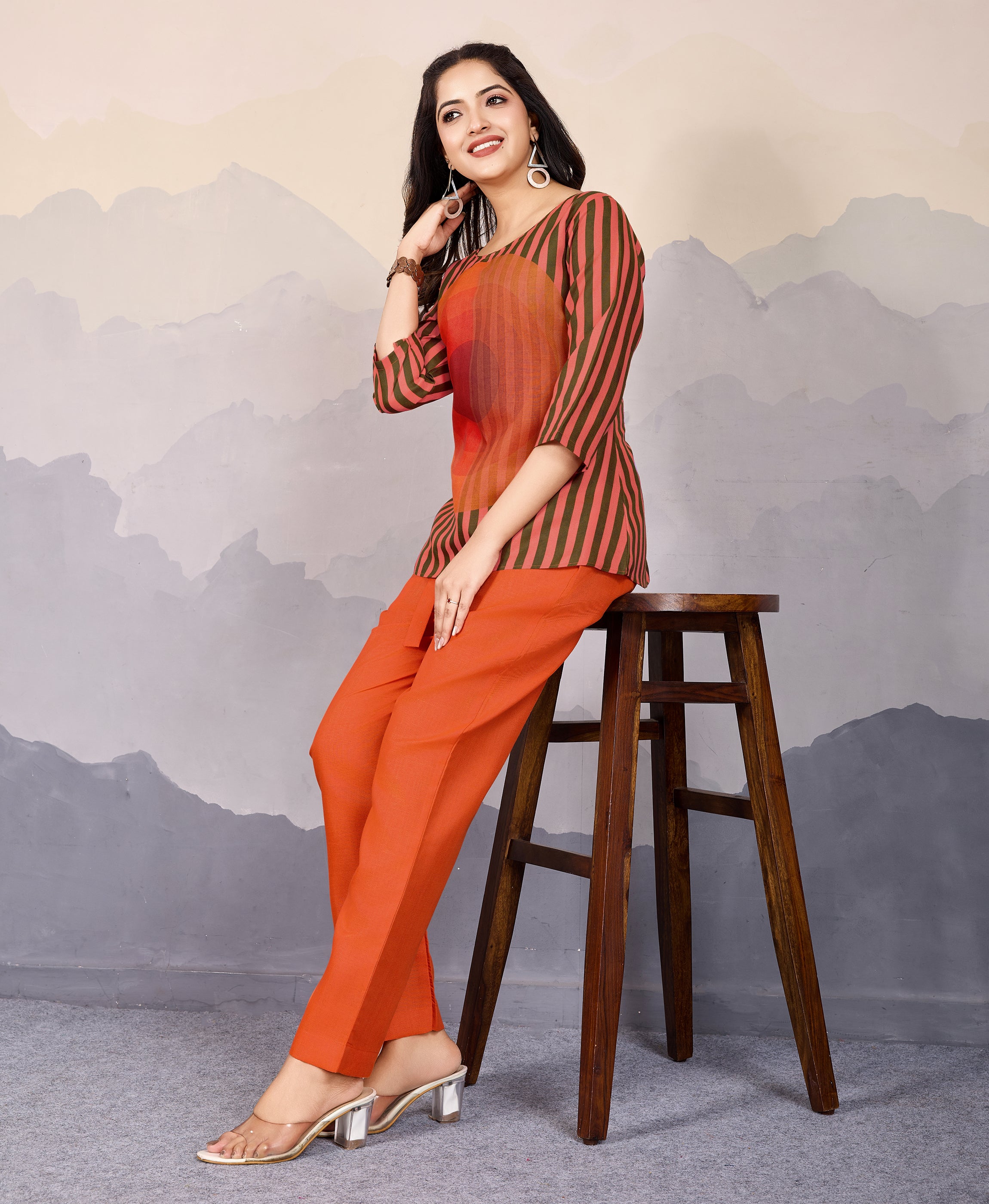 Her Couture Women's Orange Linen Silk Stripes Printed Causal Co-ord Set