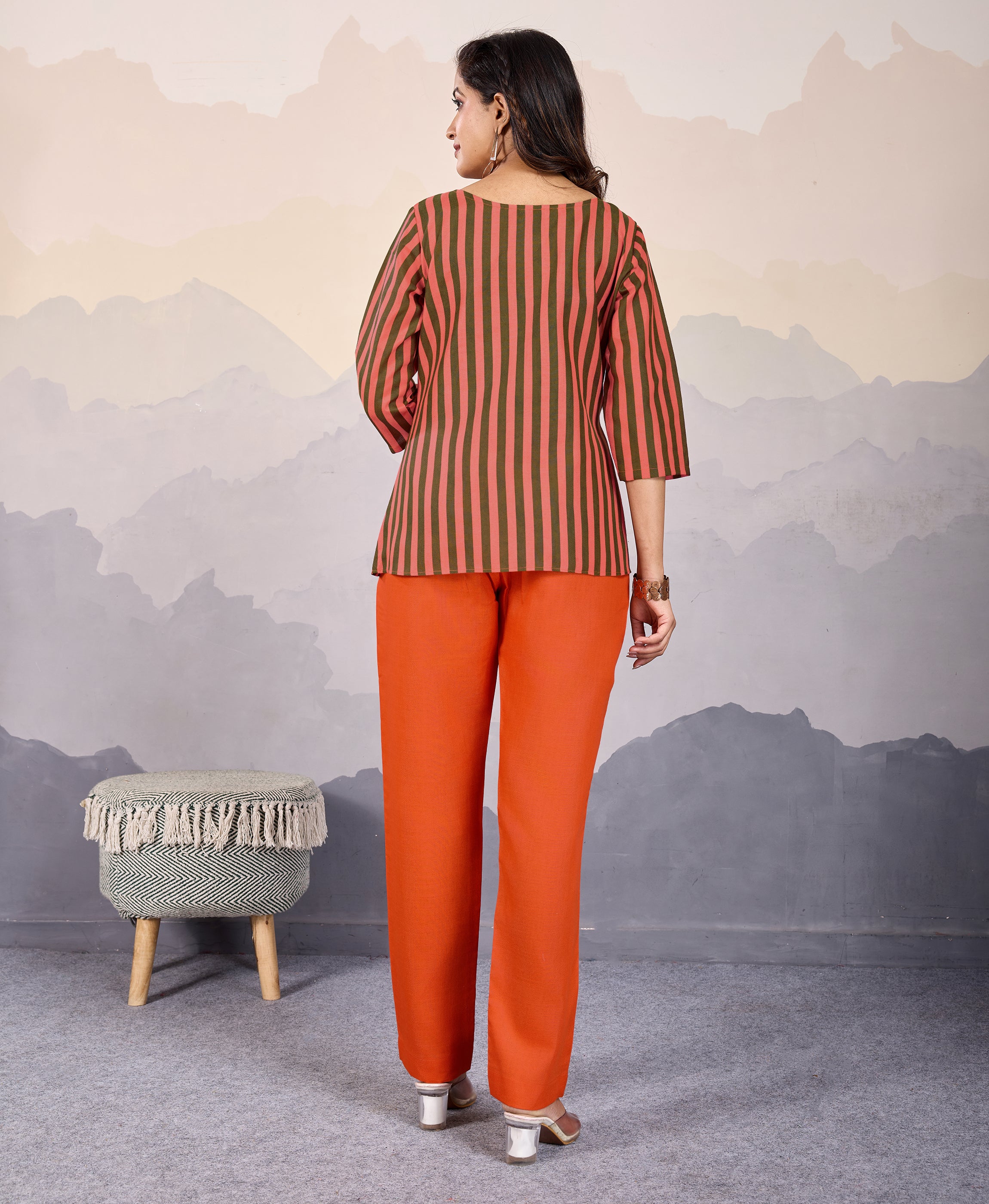 Her Couture Women's Orange Linen Silk Stripes Printed Causal Co-ord Set