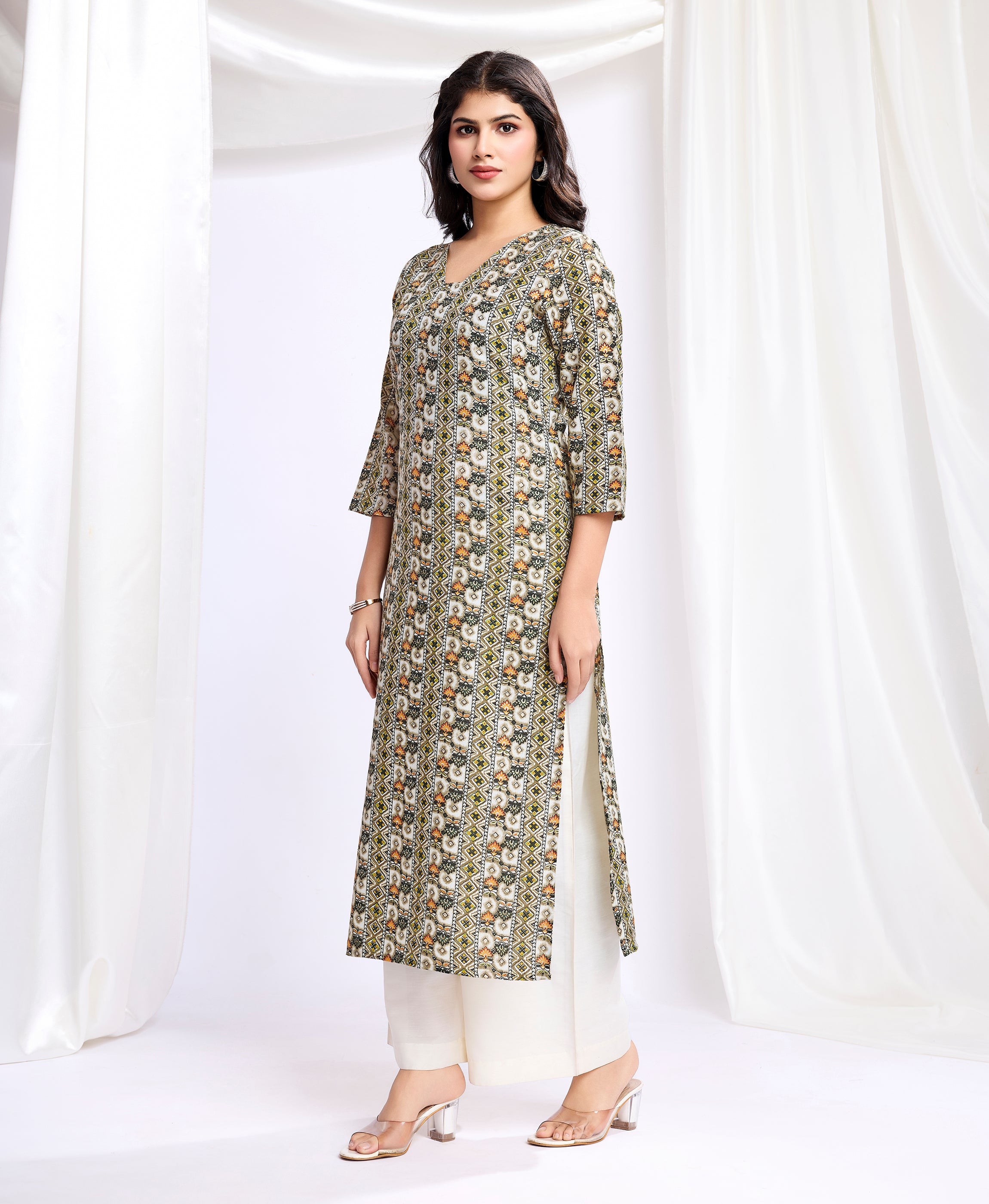 Her Couture Women's Olive Green Linen Silk Geometric Printed Straight Kurta
