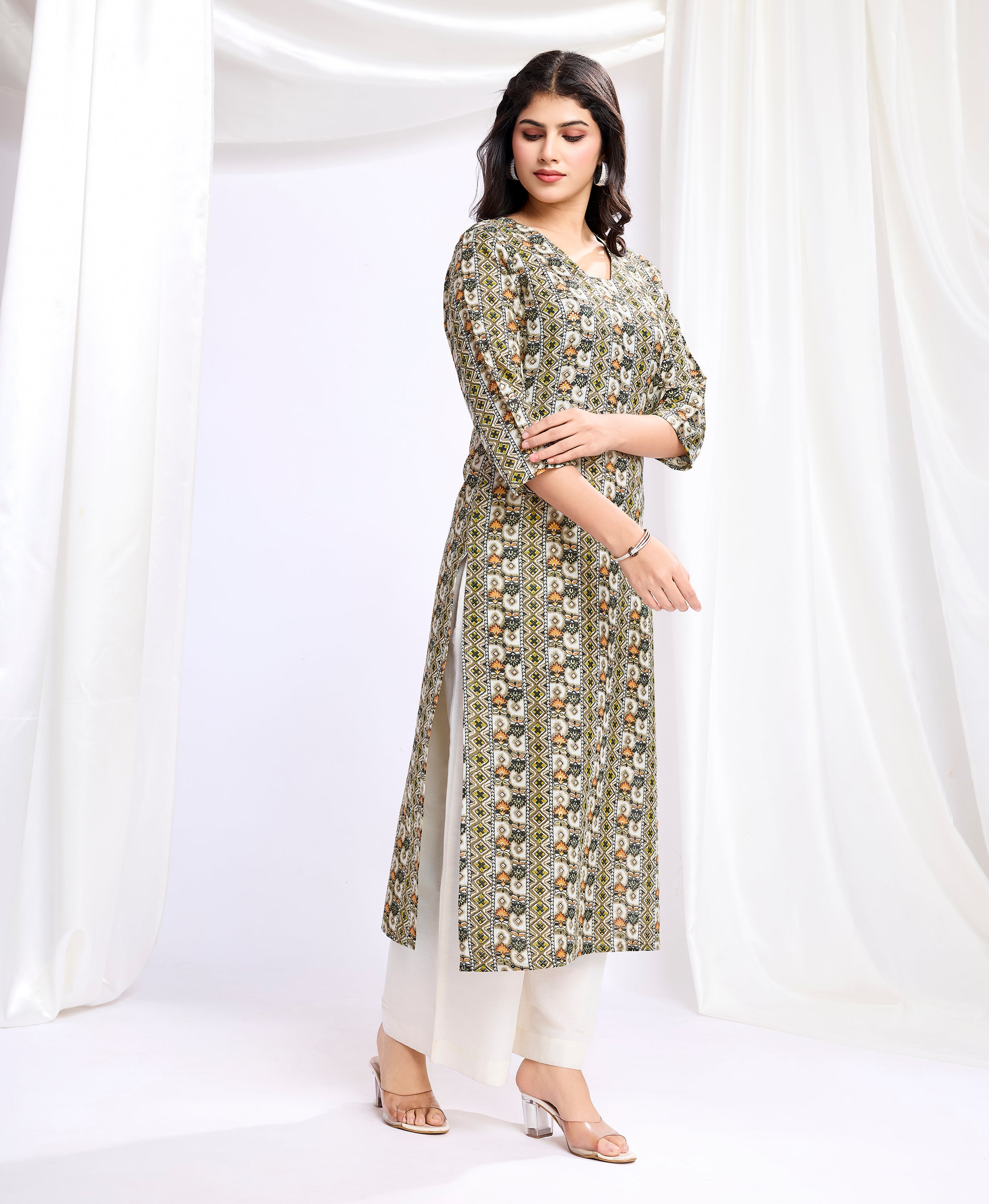Her Couture Women's Olive Green Linen Silk Geometric Printed Straight Kurta
