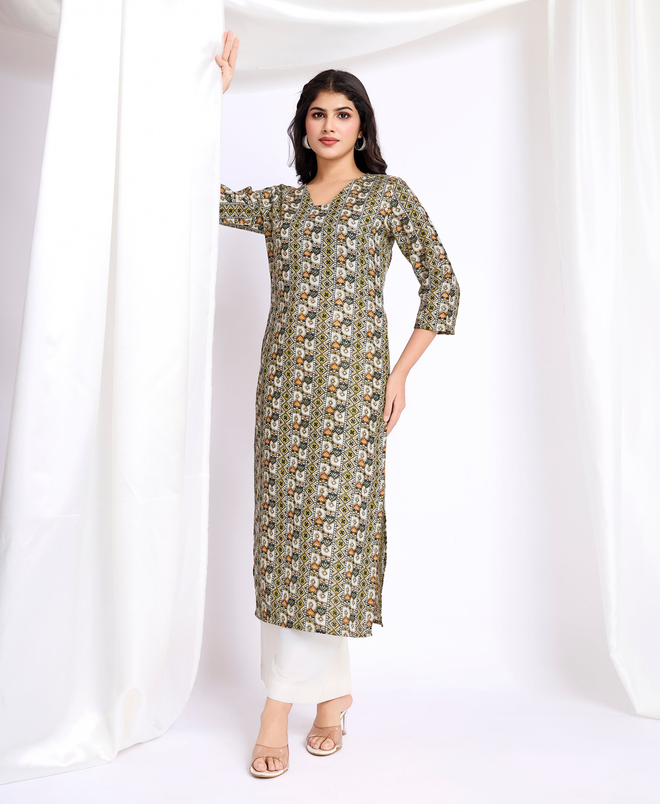 Her Couture Women's Olive Green Linen Silk Geometric Printed Straight Kurta