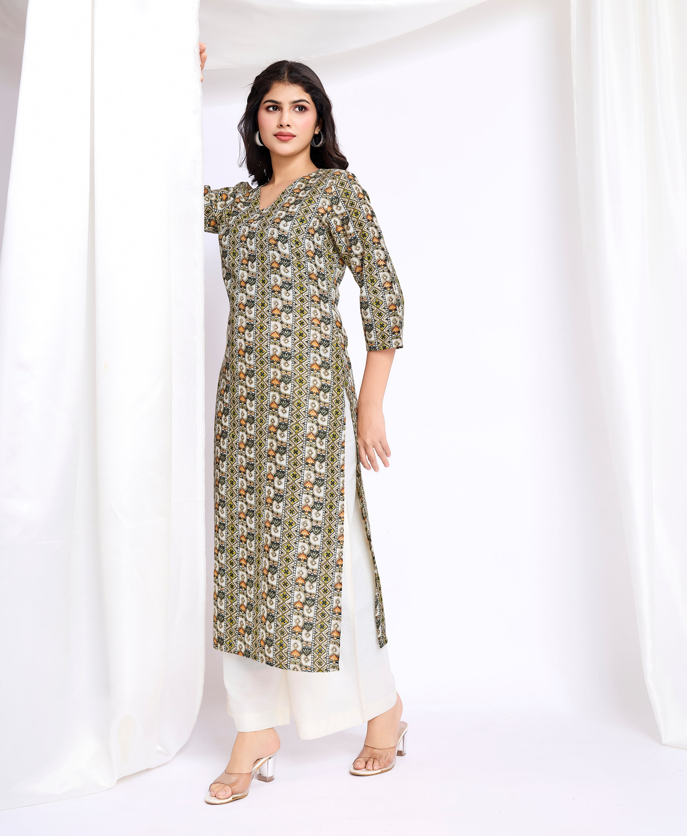 Her Couture Women's Olive Green Linen Silk Geometric Printed Straight Kurta