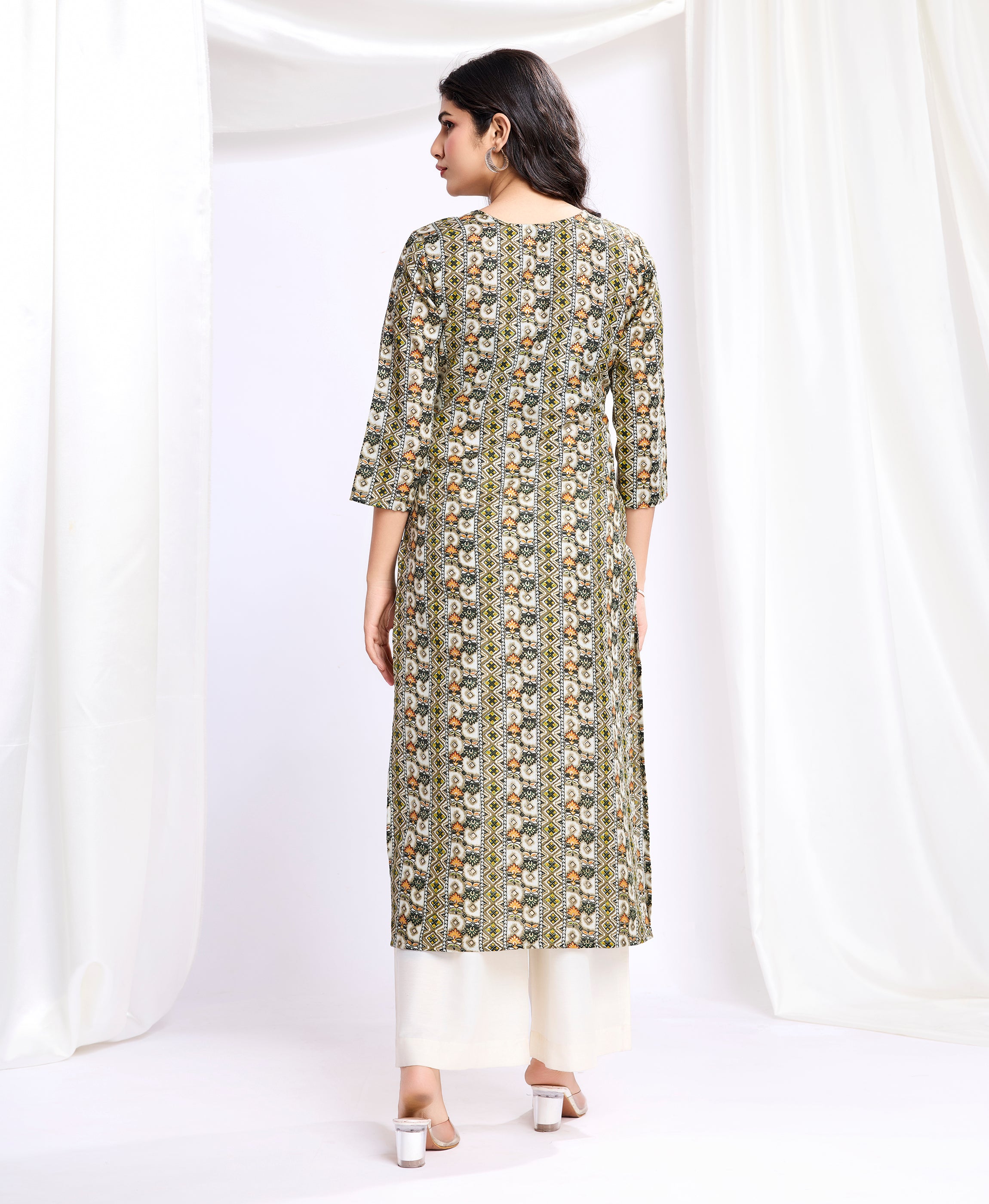 Her Couture Women's Olive Green Linen Silk Geometric Printed Straight Kurta