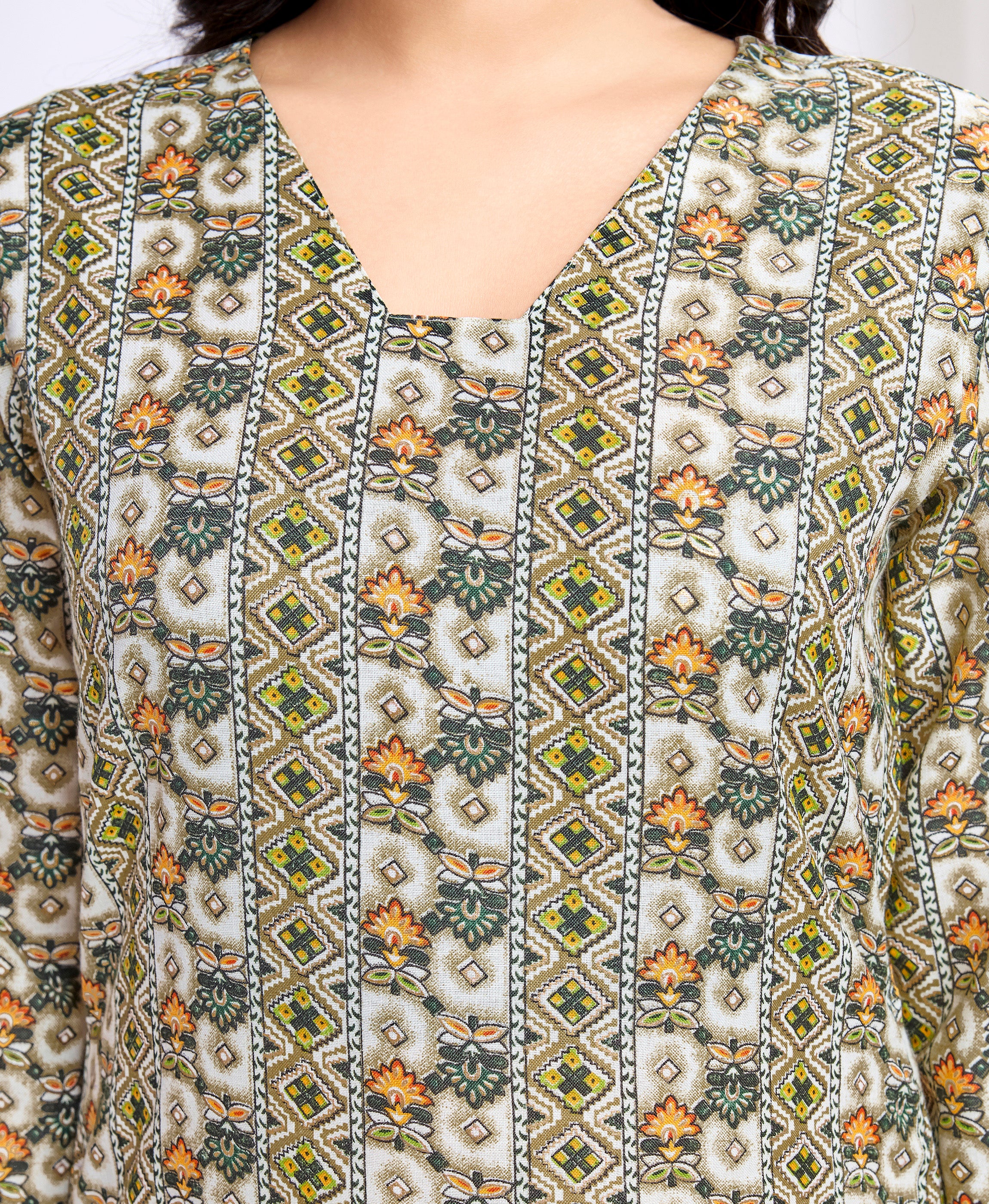 Her Couture Women's Olive Green Linen Silk Geometric Printed Straight Kurta