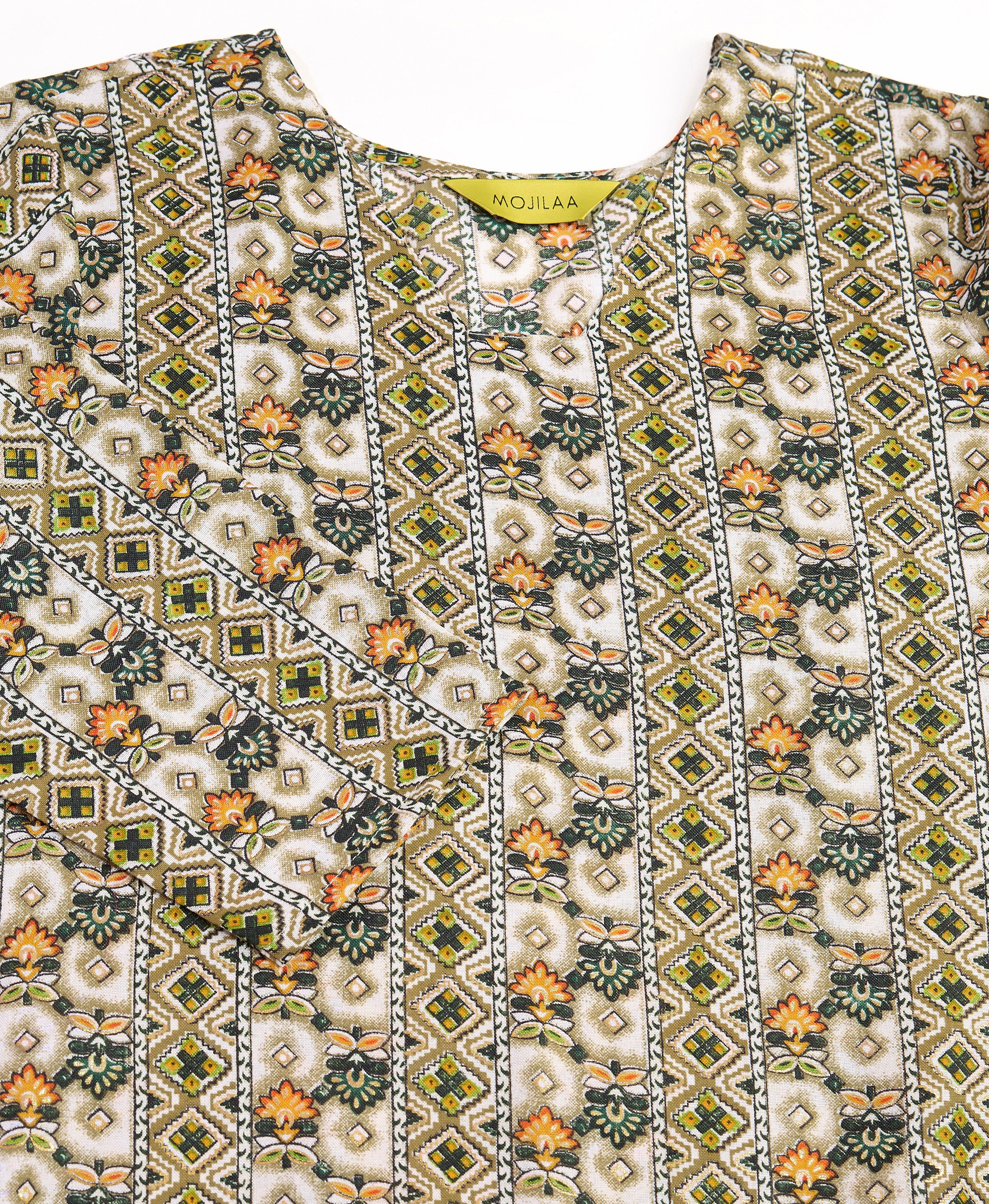 Her Couture Women's Olive Green Linen Silk Geometric Printed Straight Kurta