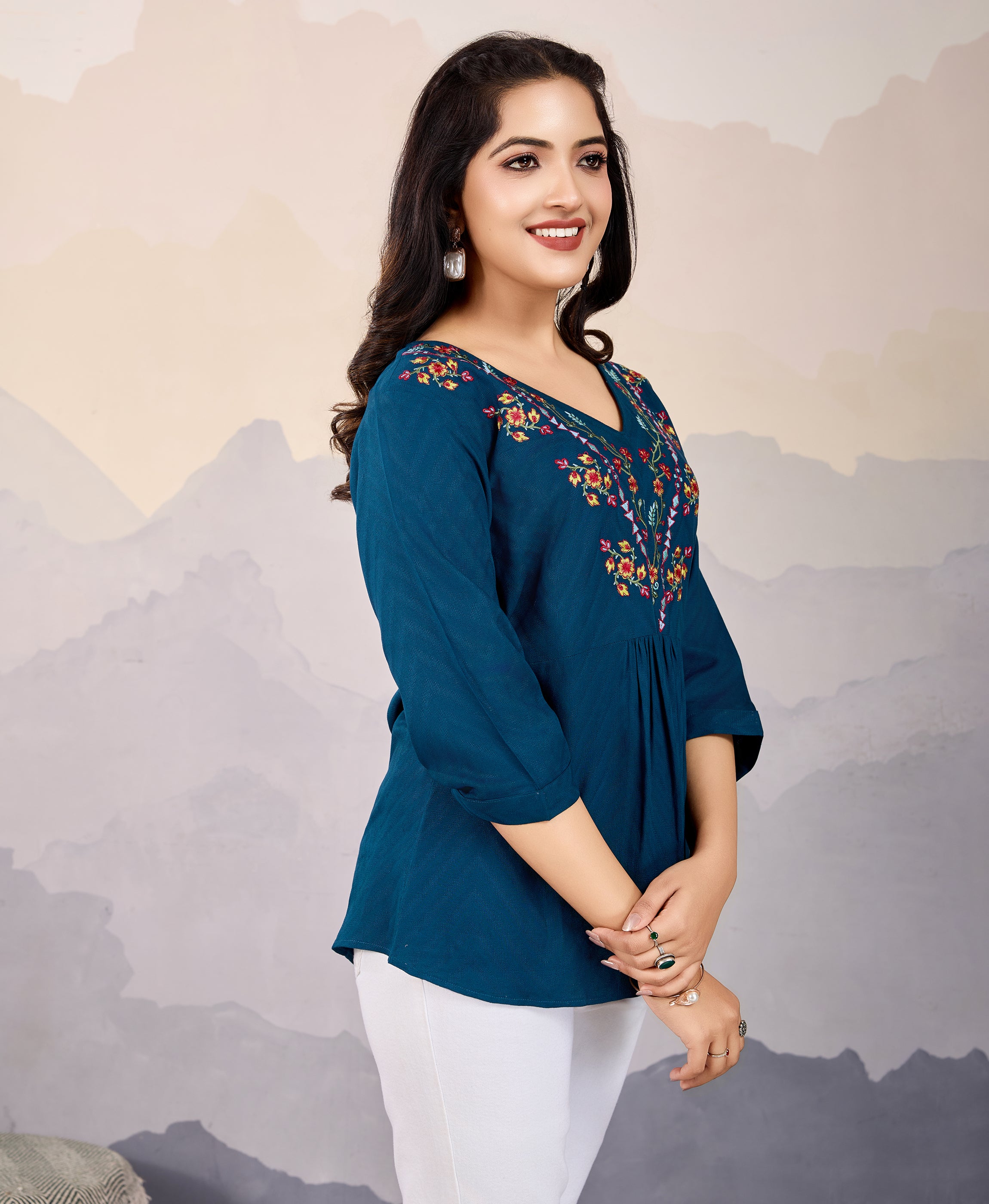 Her Couture Women's Teal Pure Viscose Floral Embroidered A-line Top