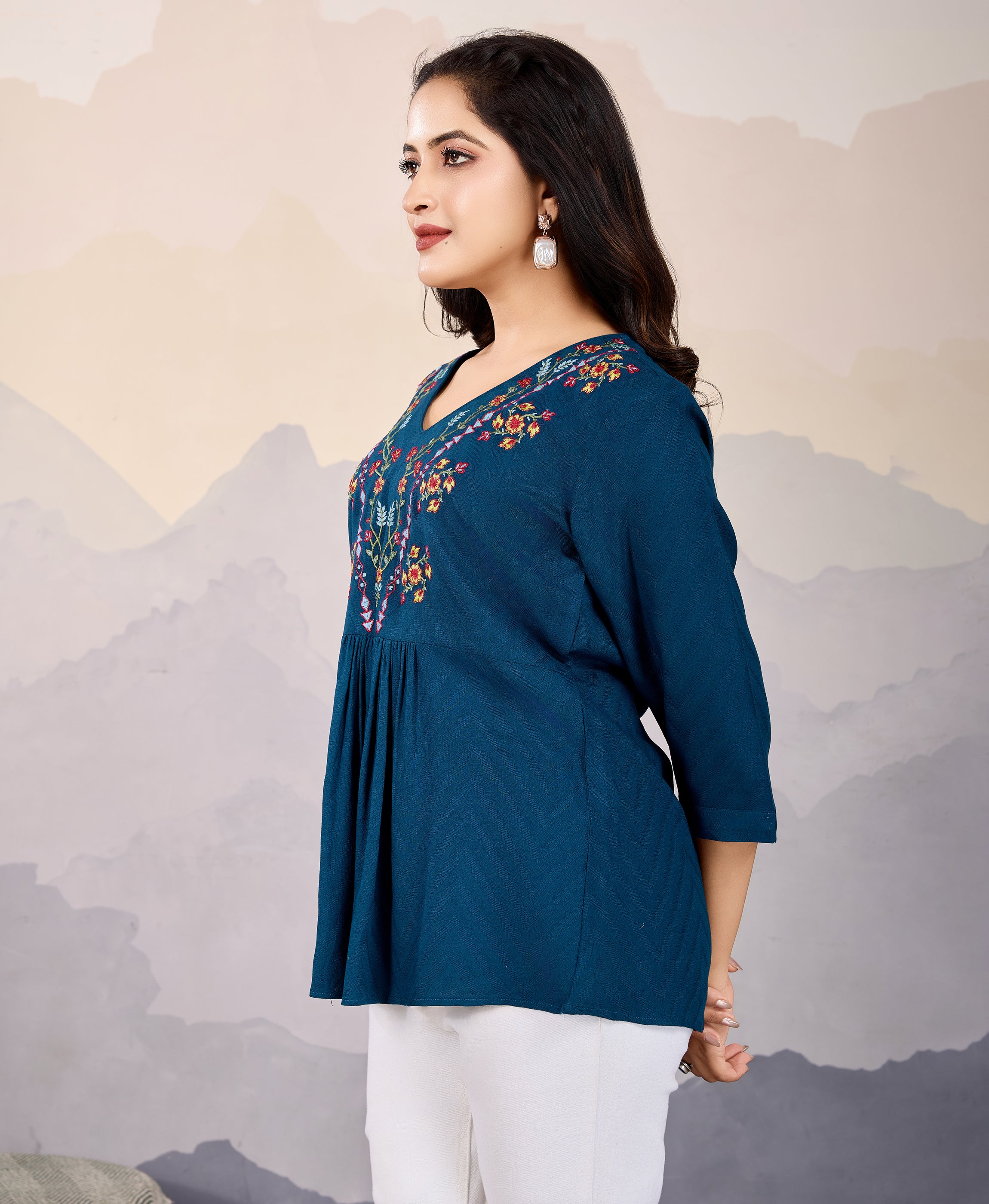 Her Couture Women's Teal Pure Viscose Floral Embroidered A-line Top