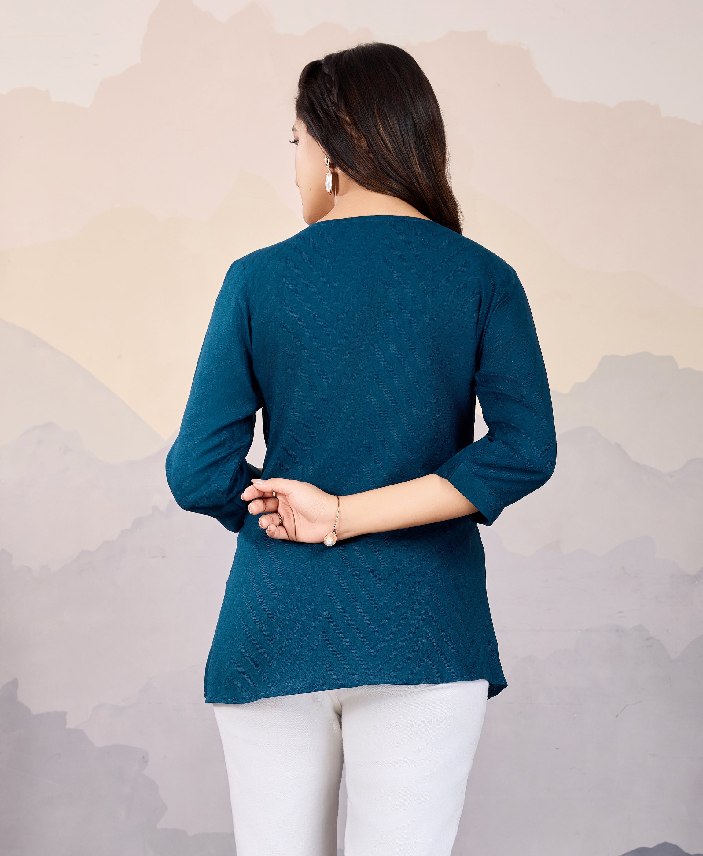 Her Couture Women's Teal Pure Viscose Floral Embroidered A-line Top