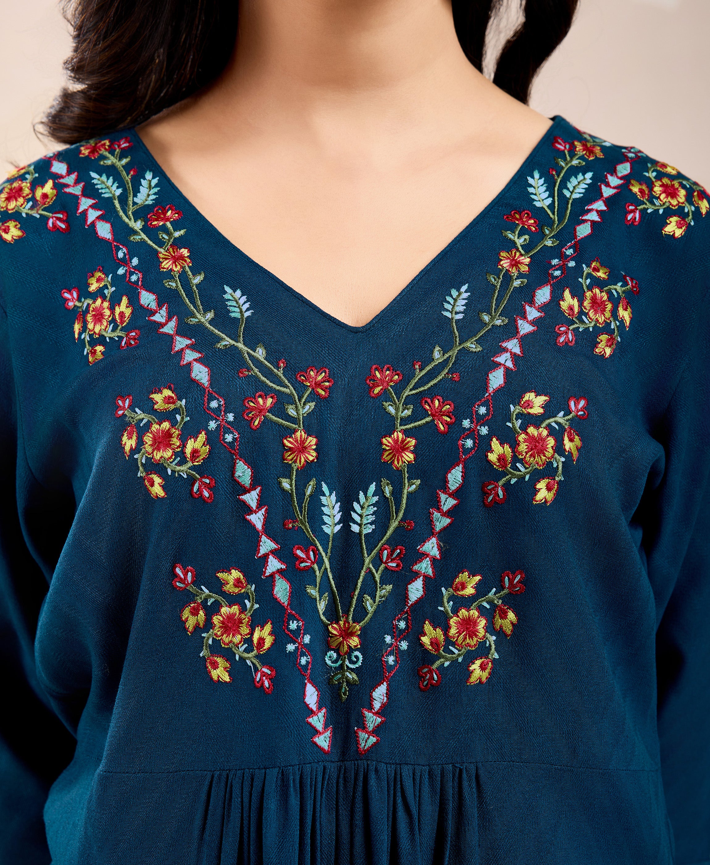 Her Couture Women's Teal Pure Viscose Floral Embroidered A-line Top