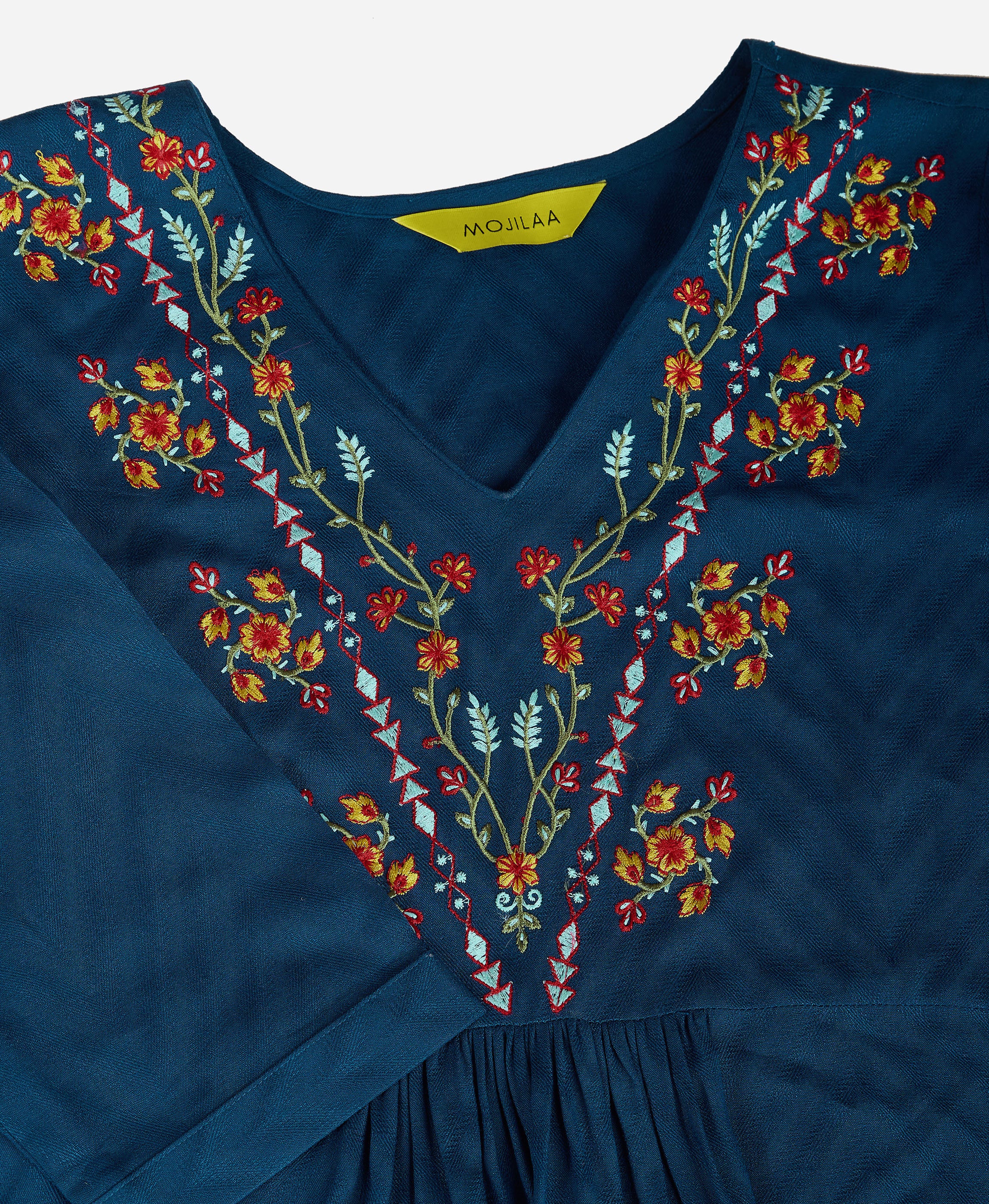Her Couture Women's Teal Pure Viscose Floral Embroidered A-line Top