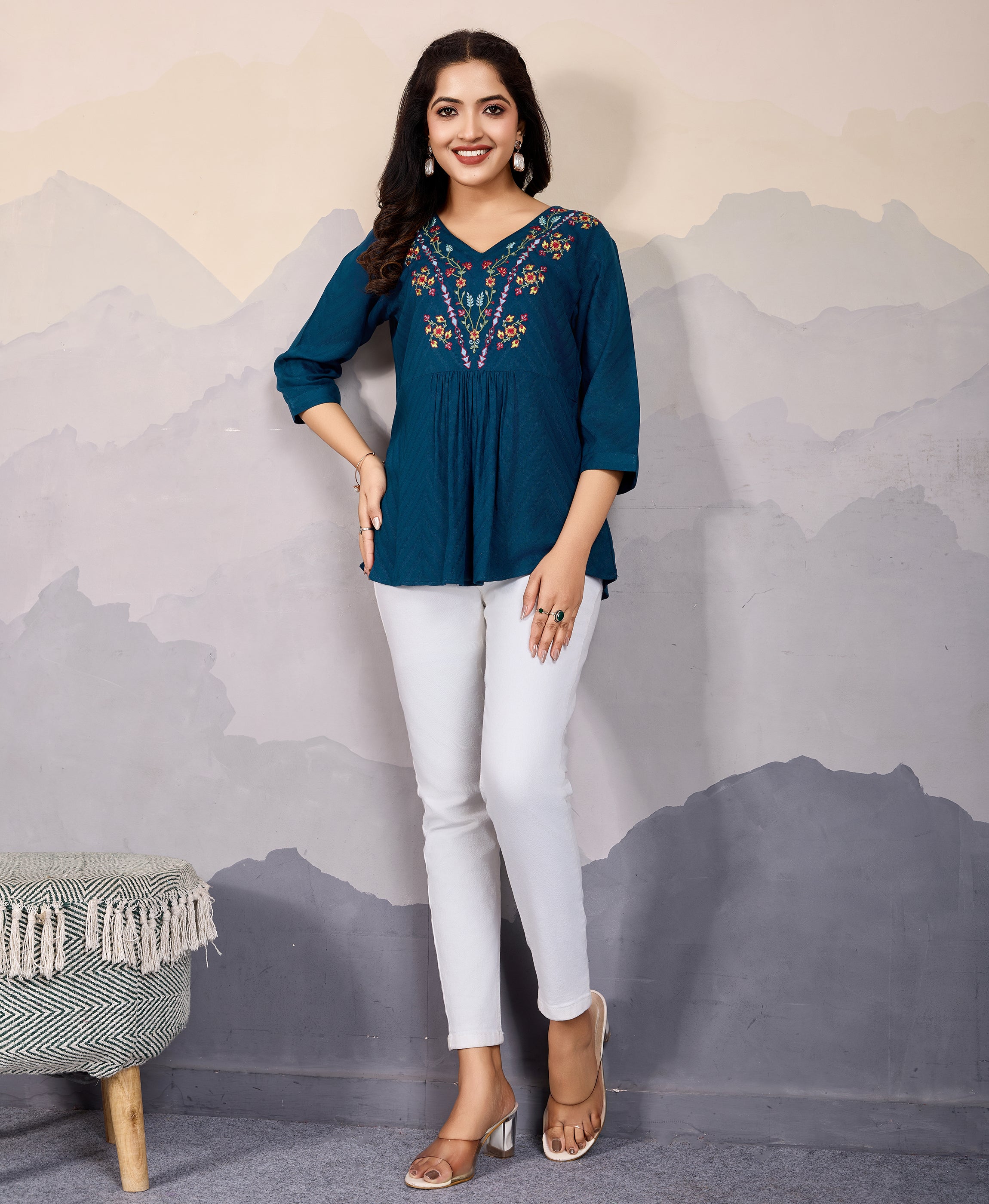 Her Couture Women's Teal Pure Viscose Floral Embroidered A-line Top