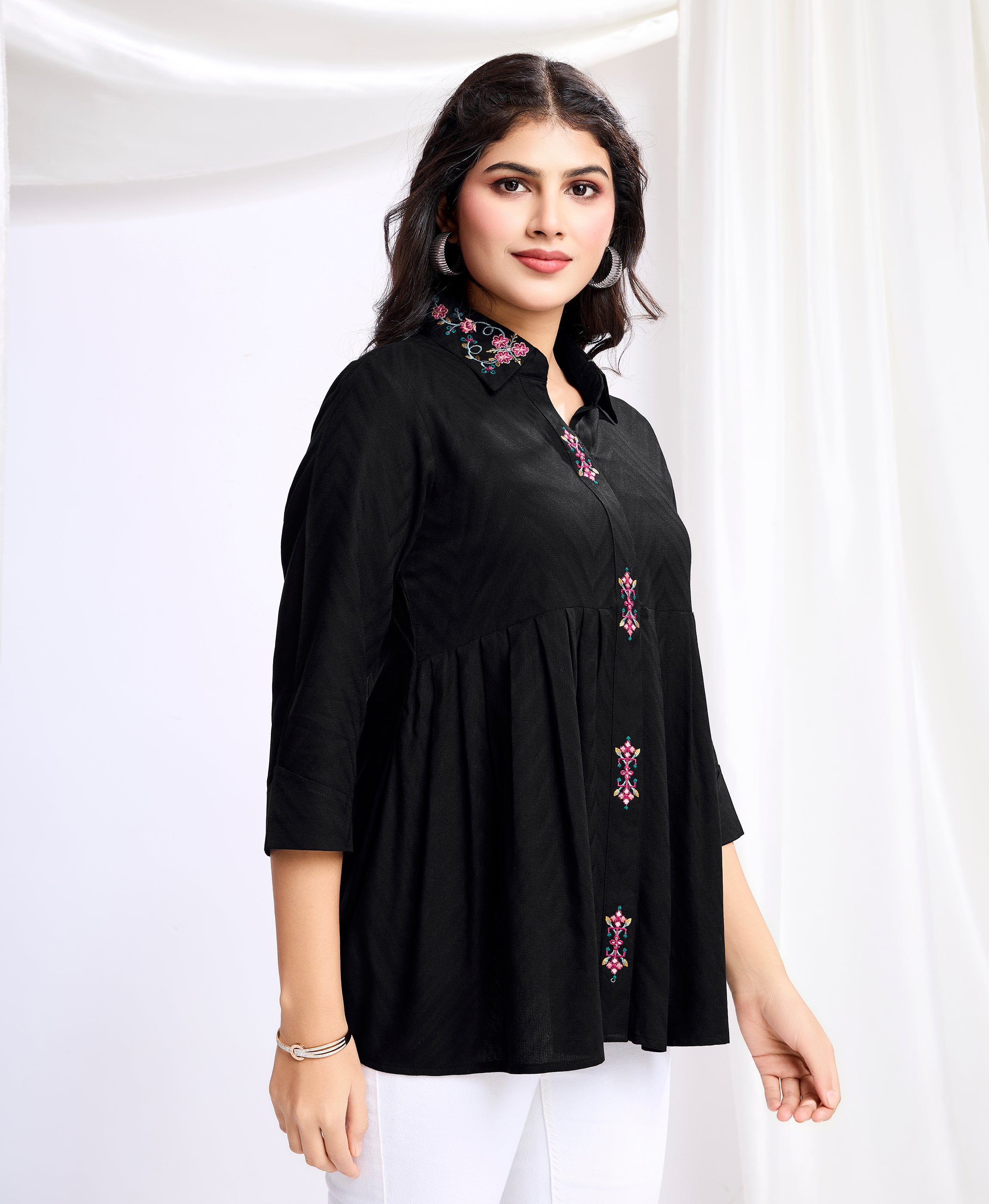 Her Couture Women's Black Pure Viscose Floral Embroidered Shirt Style Top