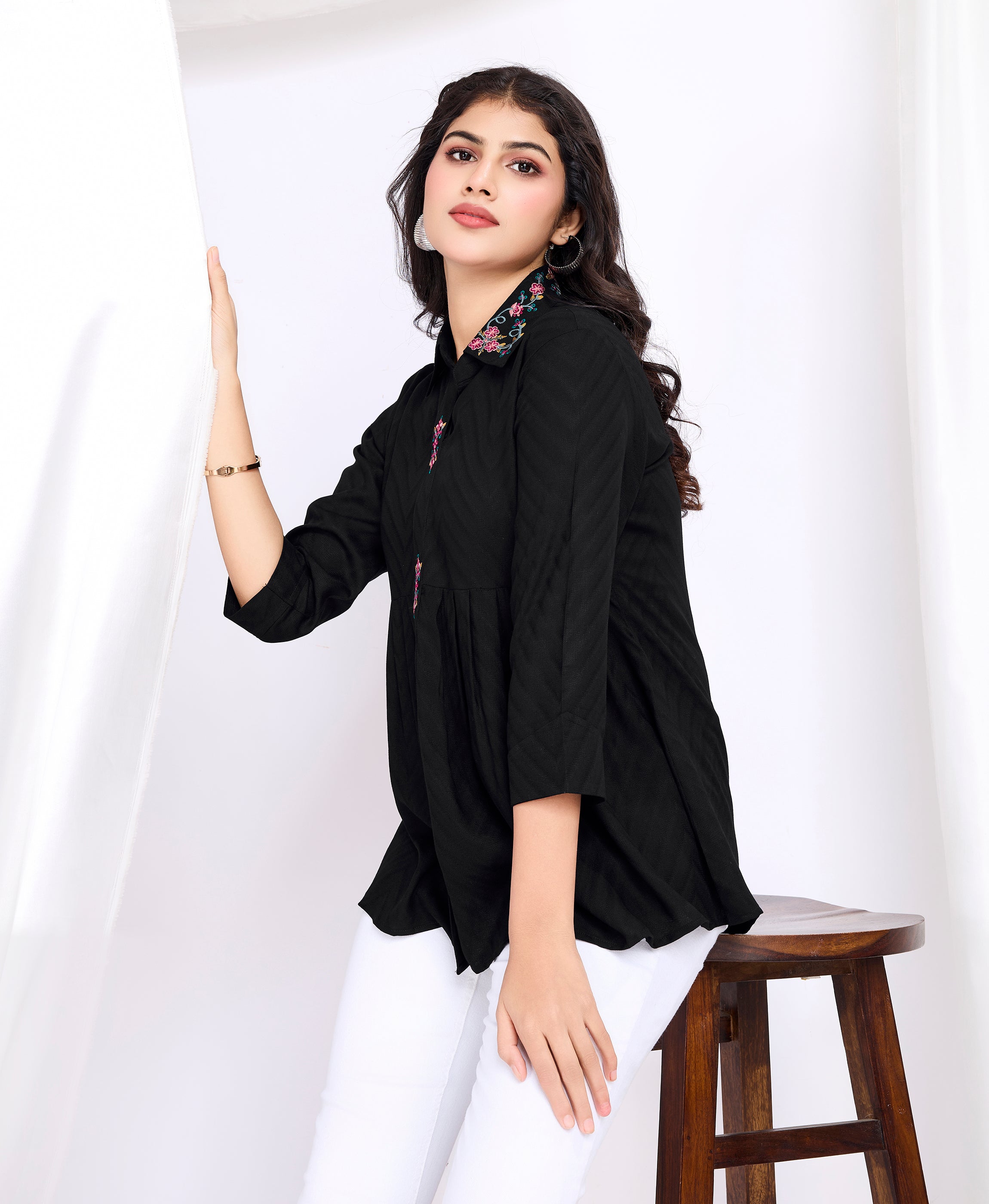 Her Couture Women's Black Pure Viscose Floral Embroidered Shirt Style Top