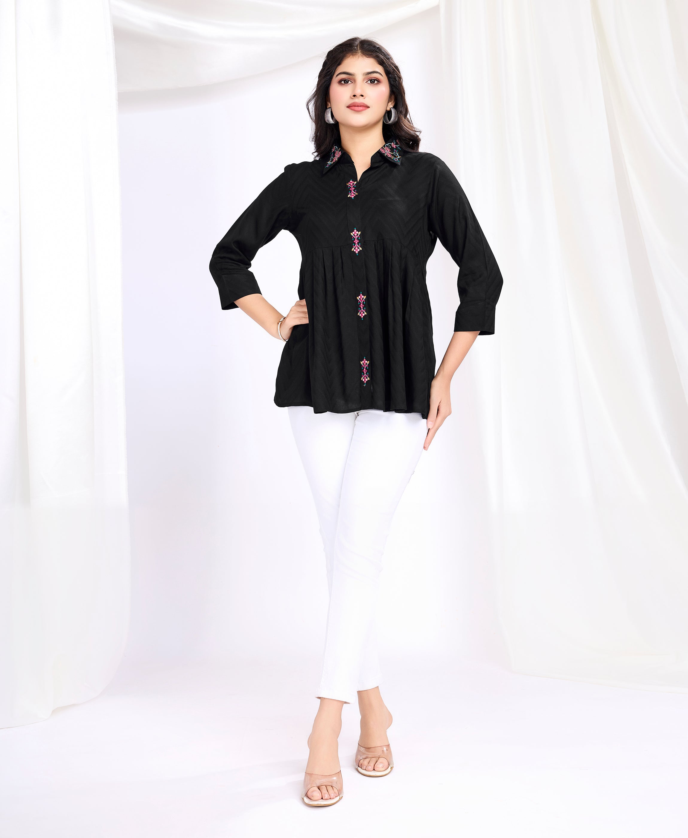 Her Couture Women's Black Pure Viscose Floral Embroidered Shirt Style Top