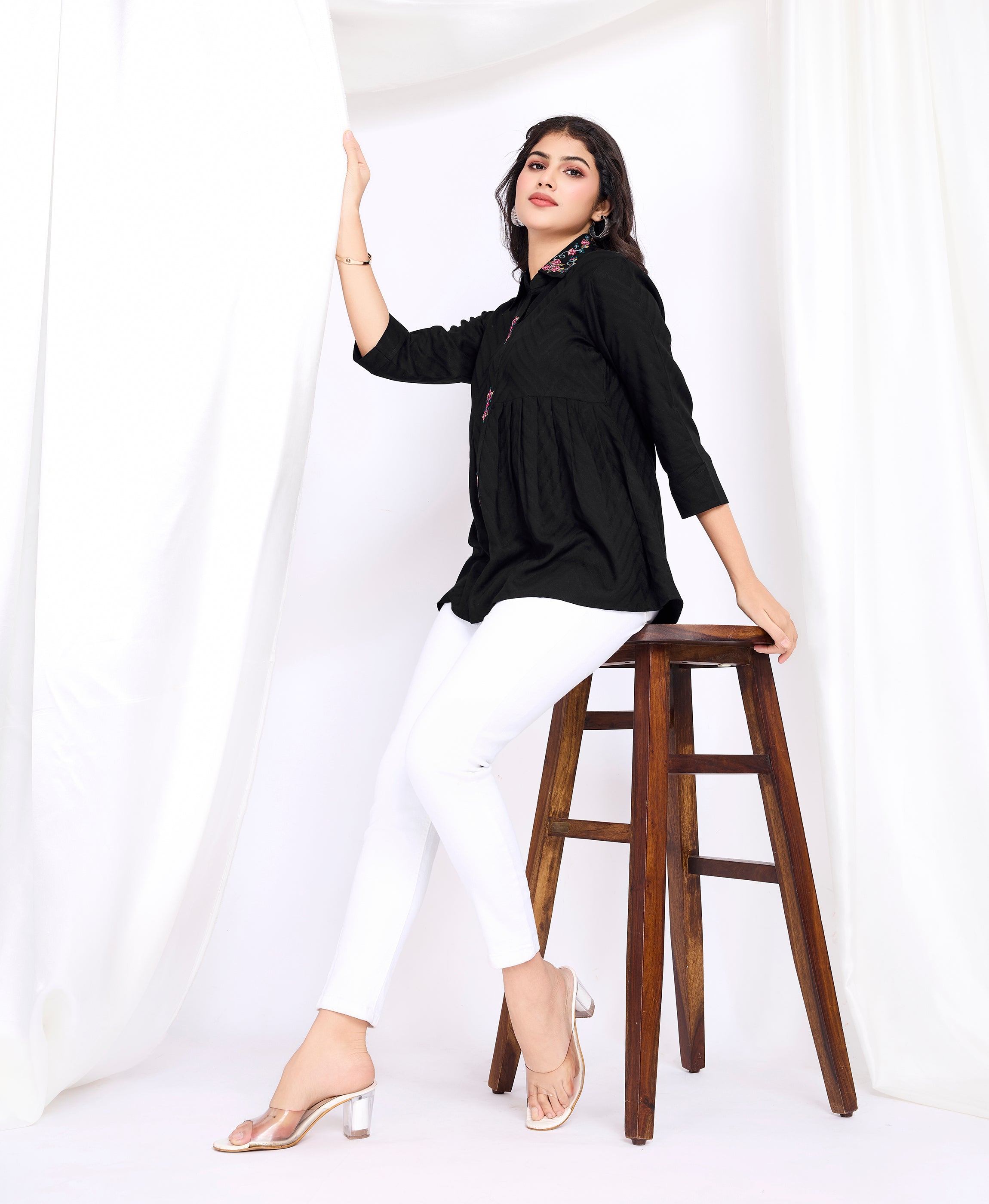 Her Couture Women's Black Pure Viscose Floral Embroidered Shirt Style Top