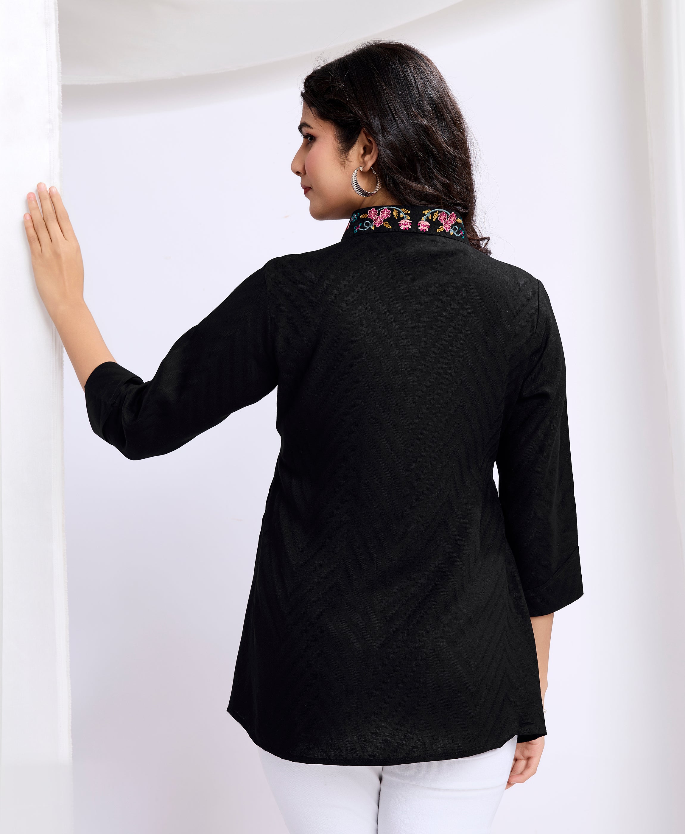 Her Couture Women's Black Pure Viscose Floral Embroidered Shirt Style Top