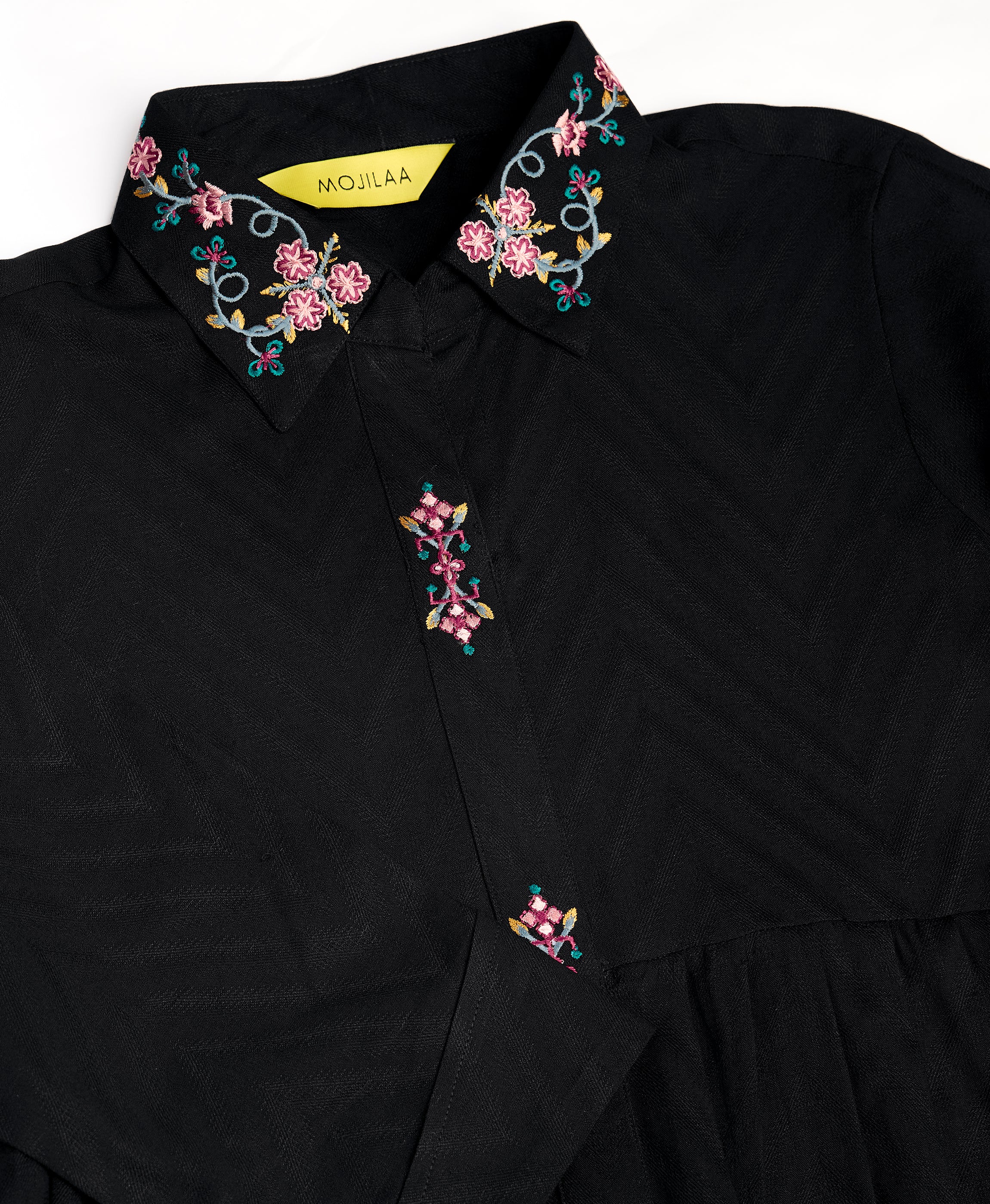 Her Couture Women's Black Pure Viscose Floral Embroidered Shirt Style Top