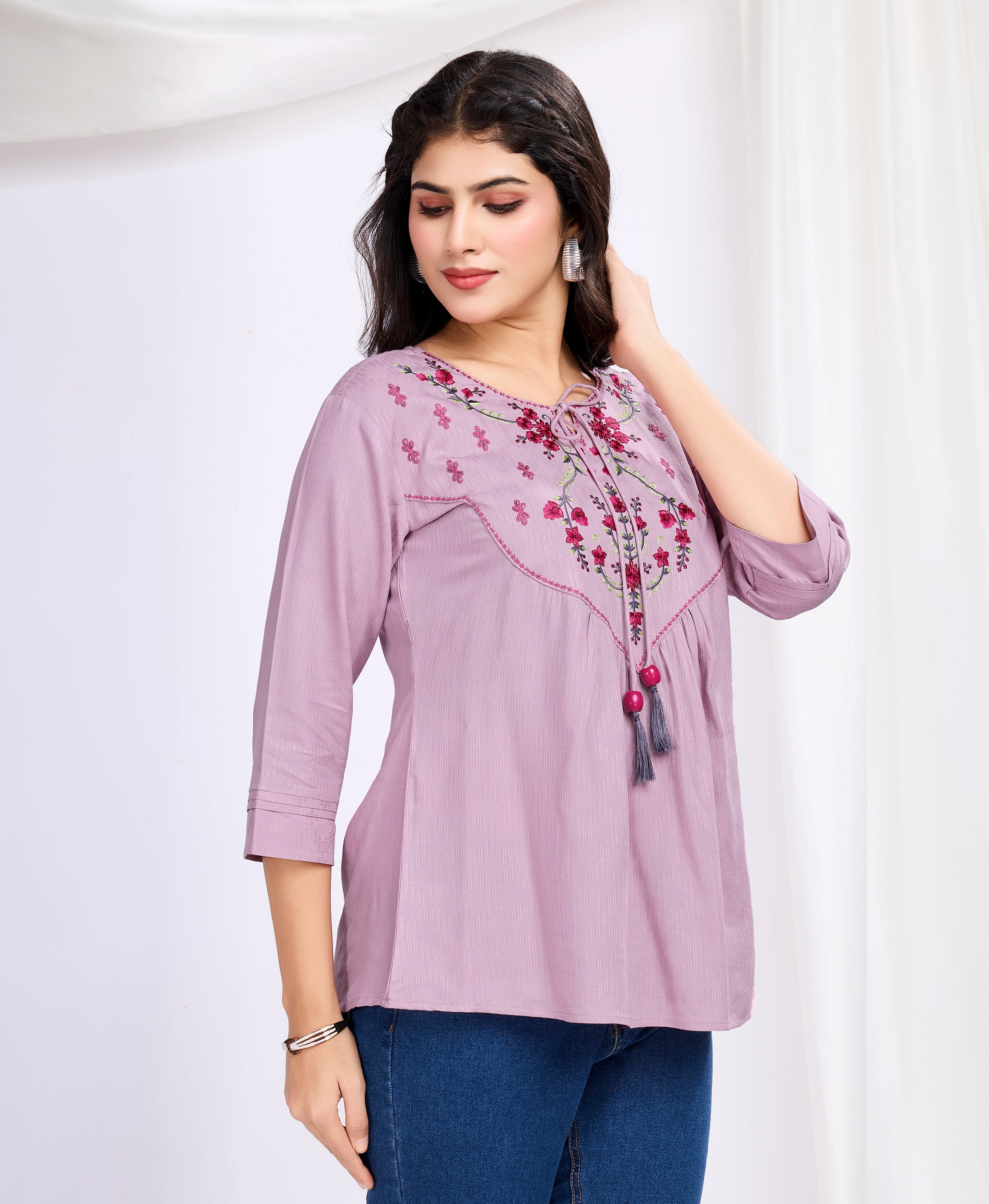 Her Couture Women's Mauve Pure Viscose Floral Embroidered A-line Top