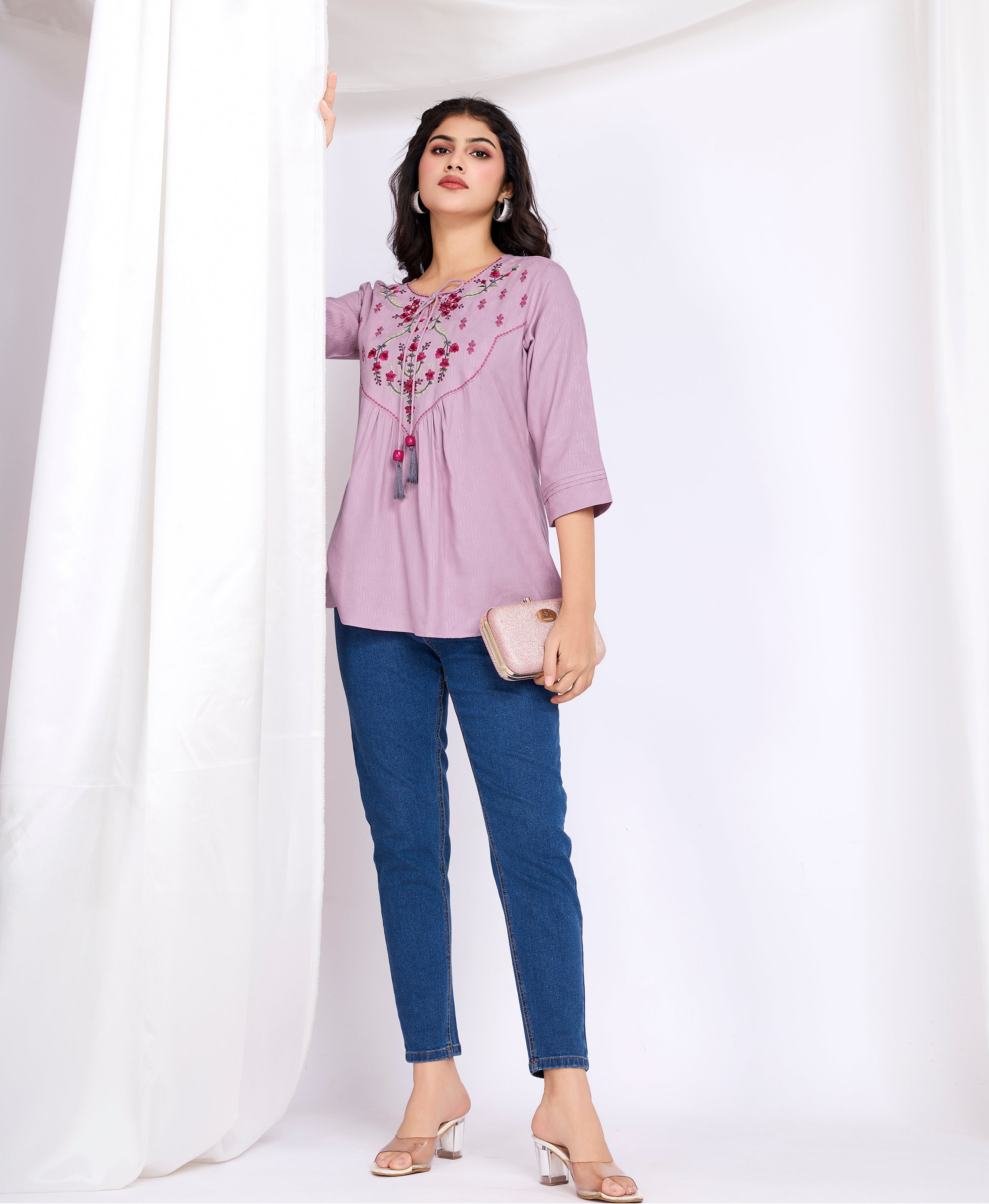 Her Couture Women's Mauve Pure Viscose Floral Embroidered A-line Top