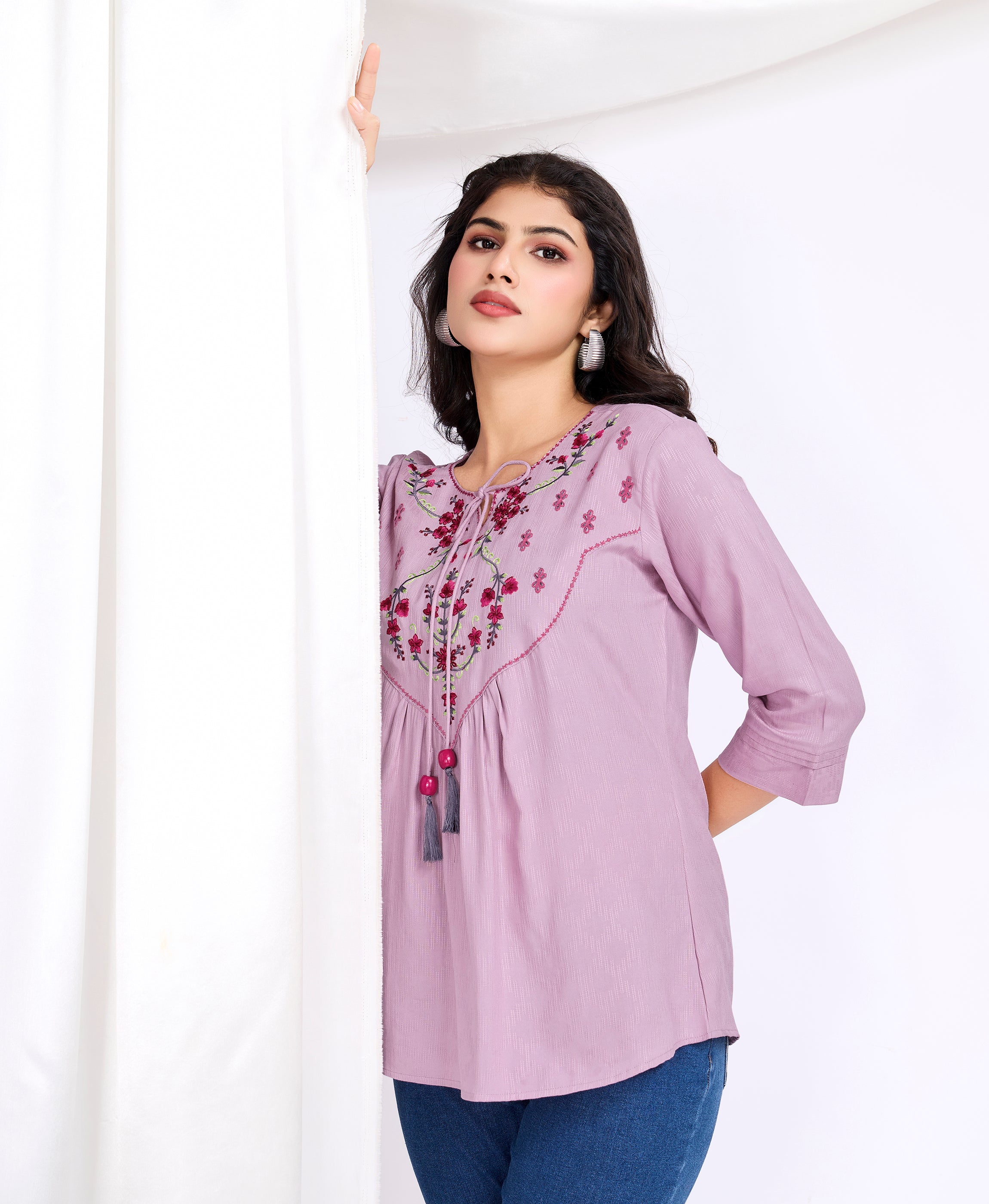 Her Couture Women's Mauve Pure Viscose Floral Embroidered A-line Top