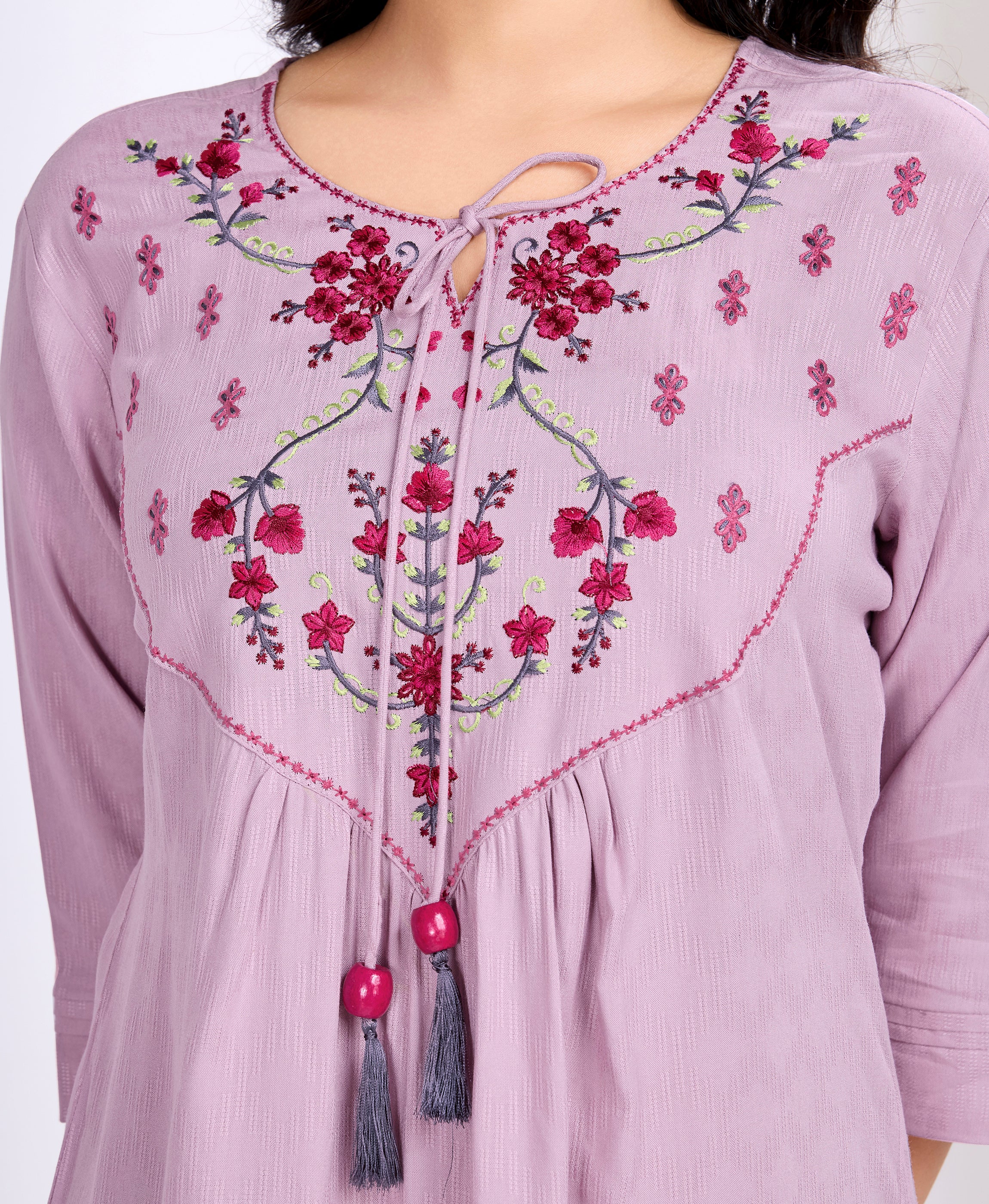 Her Couture Women's Mauve Pure Viscose Floral Embroidered A-line Top