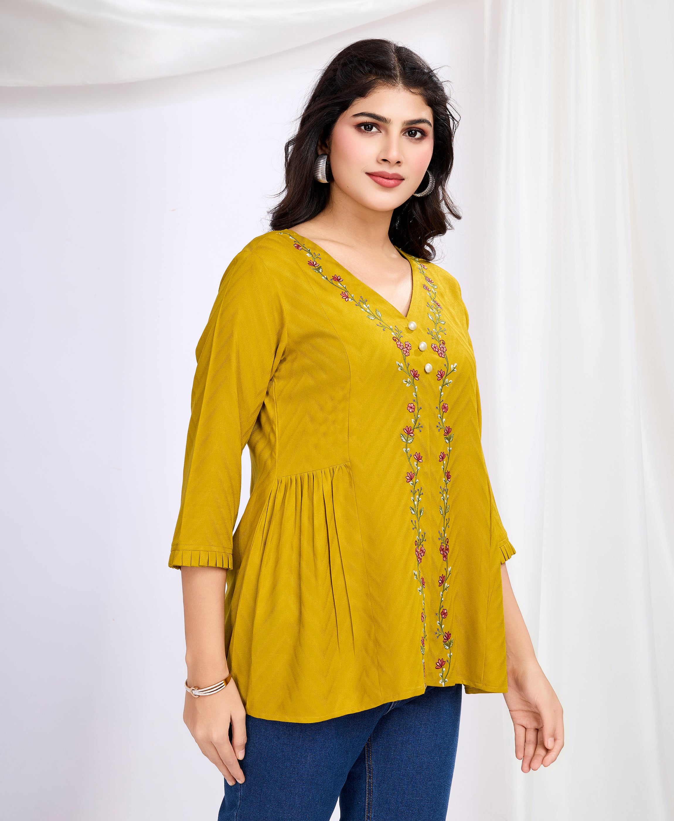 Her Couture Women's Mustard Pure Viscose Floral Embroidered A-line Top