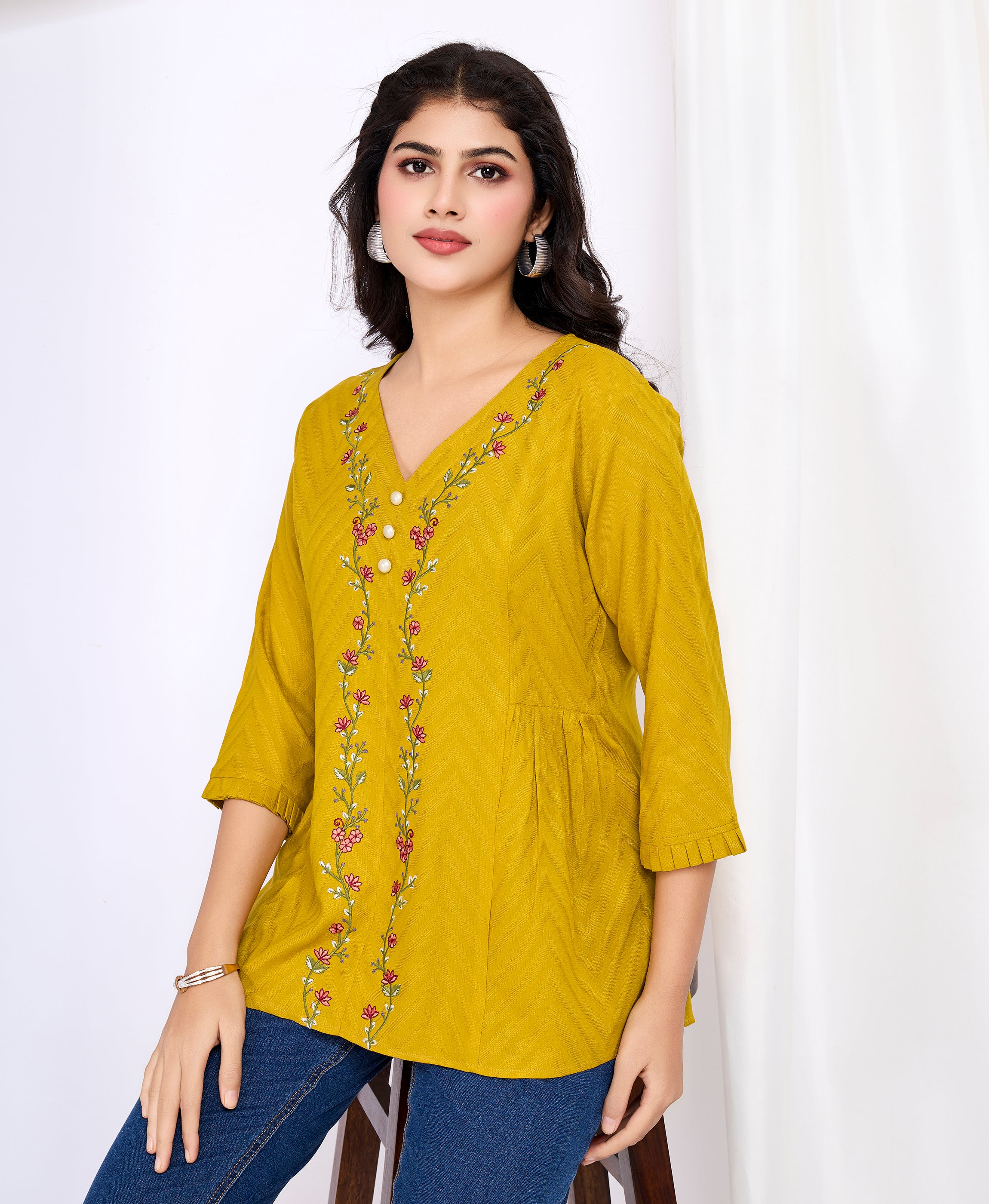 Her Couture Women's Mustard Pure Viscose Floral Embroidered A-line Top