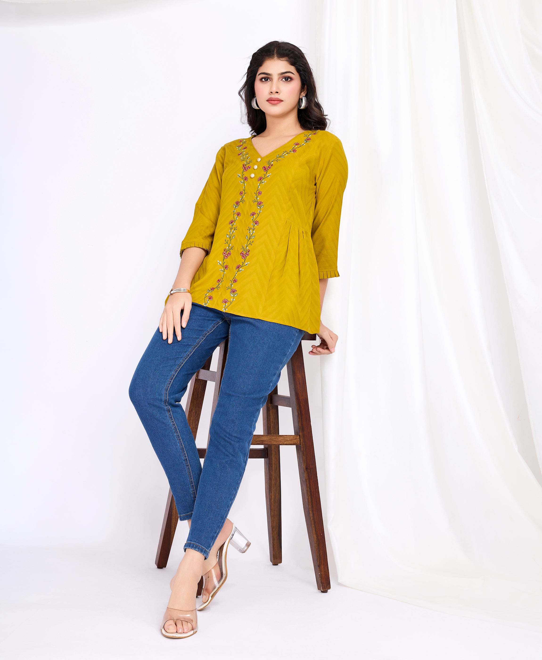 Her Couture Women's Mustard Pure Viscose Floral Embroidered A-line Top