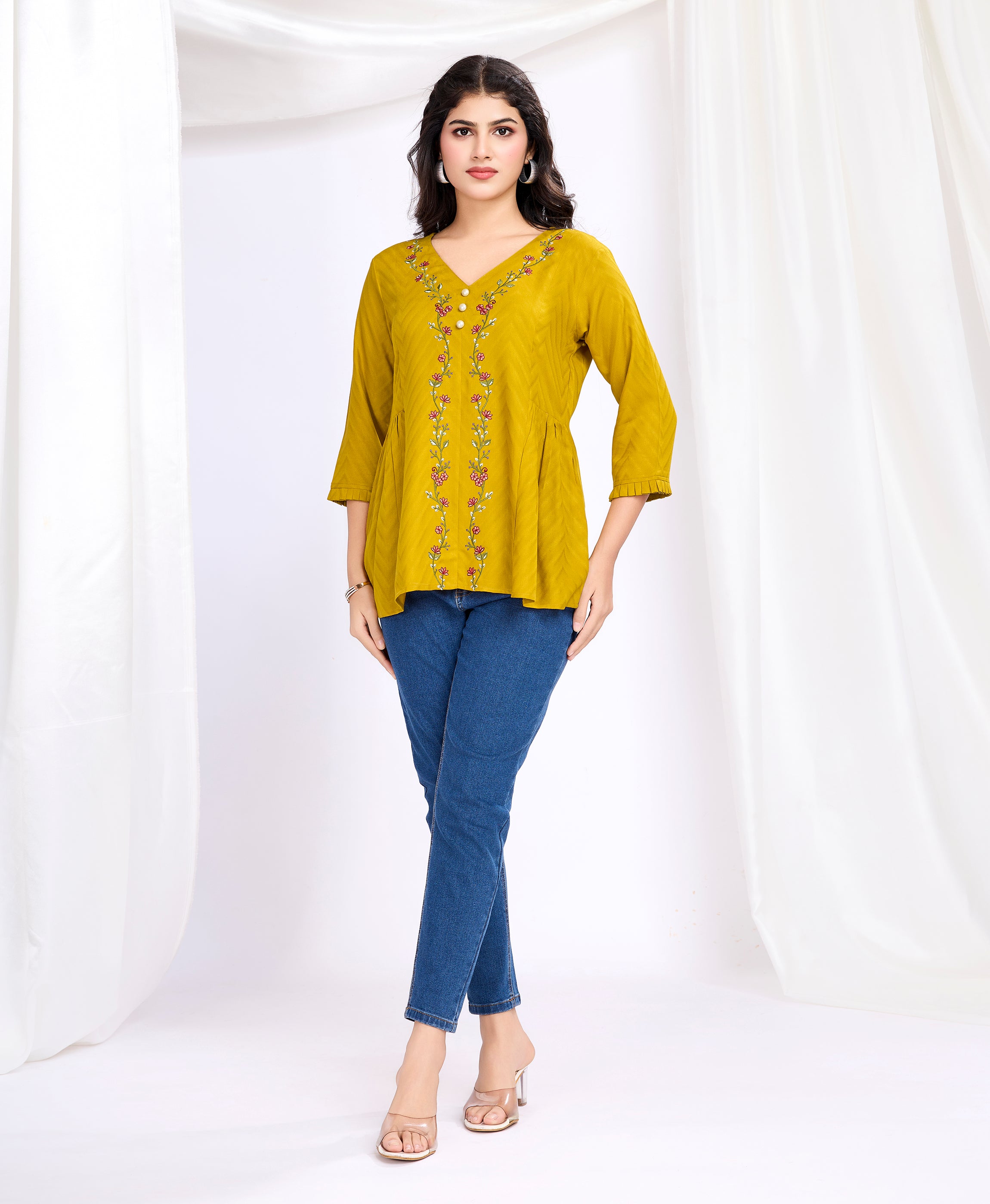 Her Couture Women's Mustard Pure Viscose Floral Embroidered A-line Top