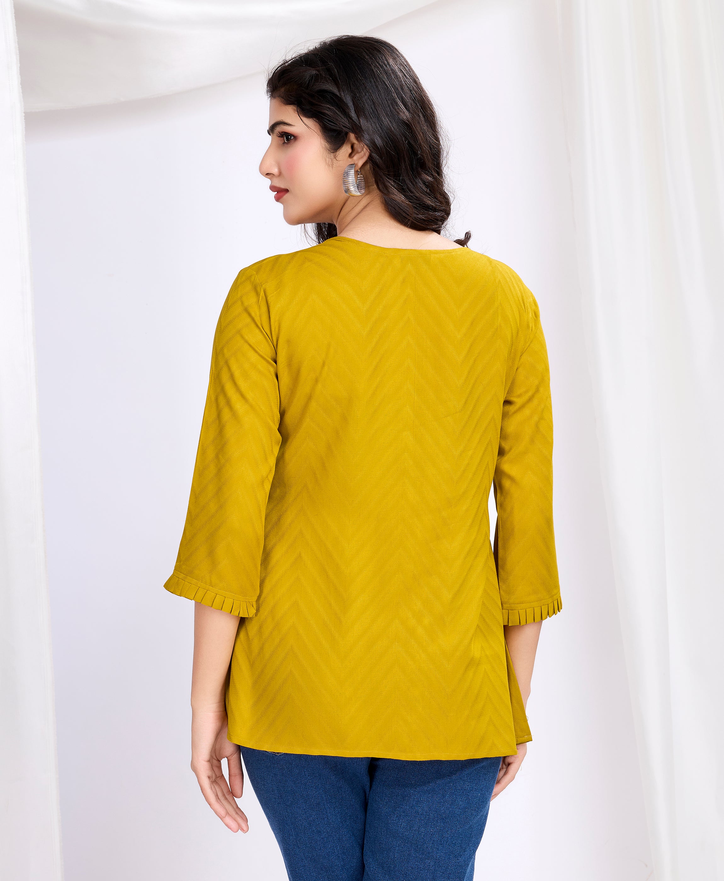 Her Couture Women's Mustard Pure Viscose Floral Embroidered A-line Top