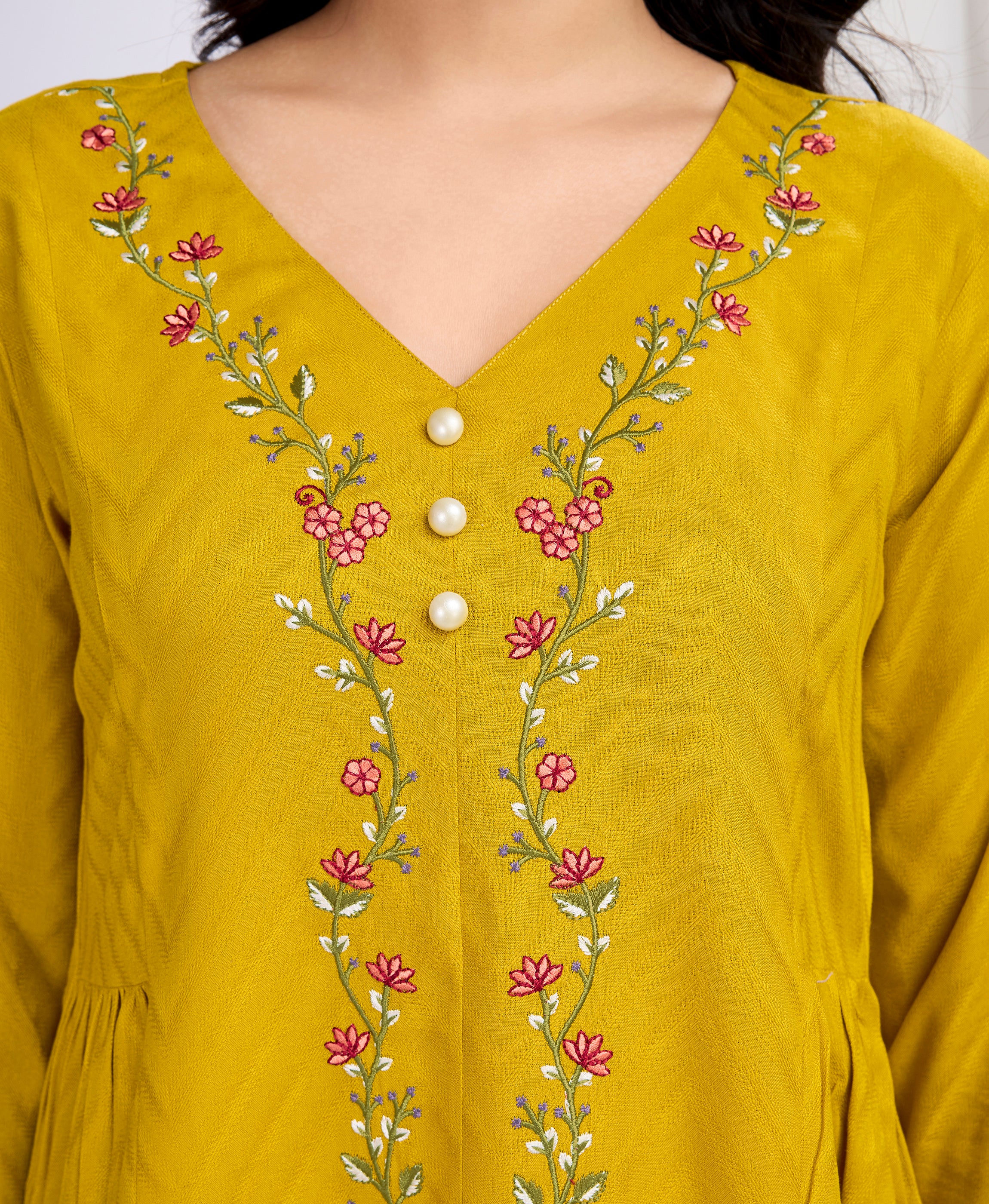 Her Couture Women's Mustard Pure Viscose Floral Embroidered A-line Top