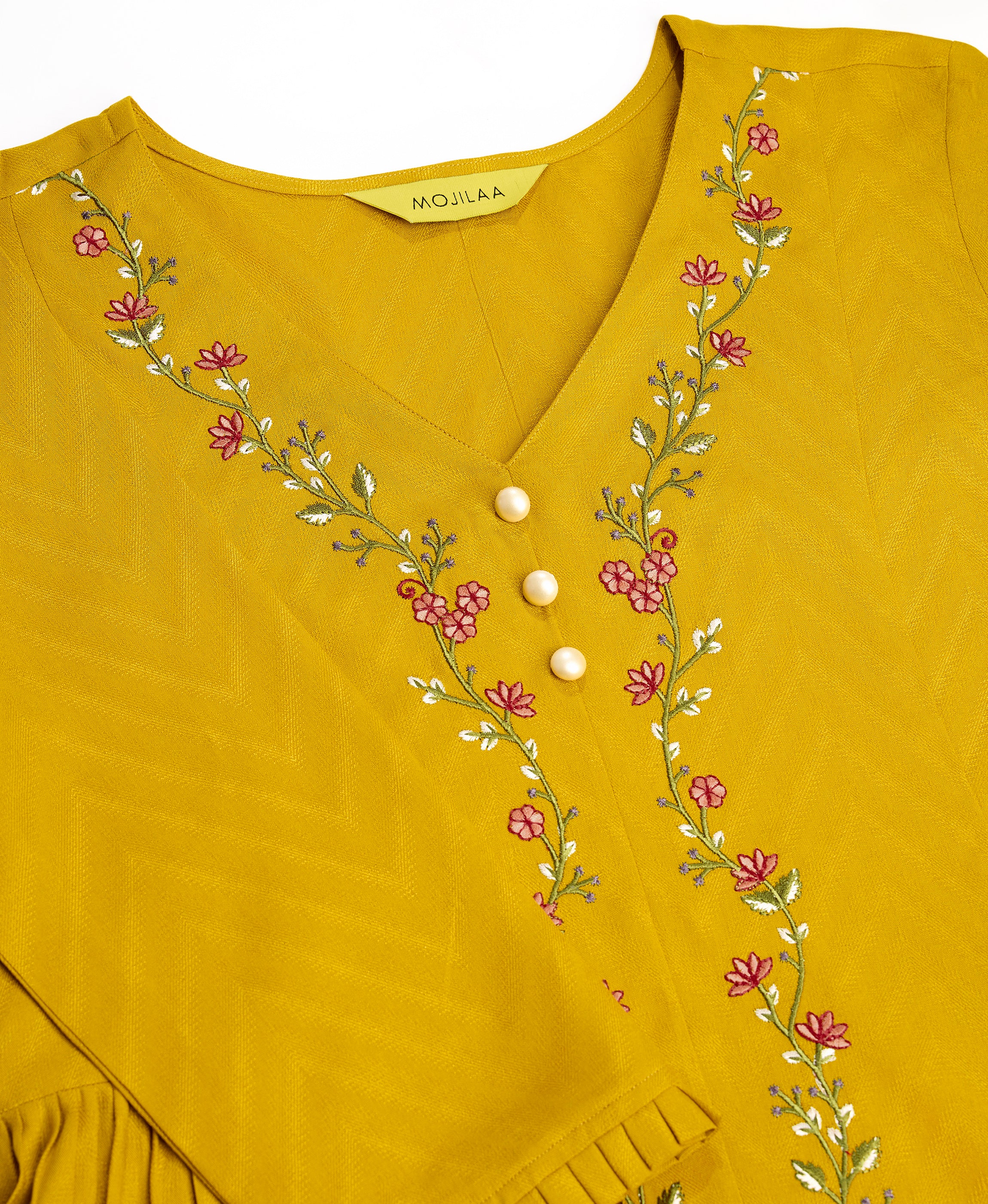 Her Couture Women's Mustard Pure Viscose Floral Embroidered A-line Top