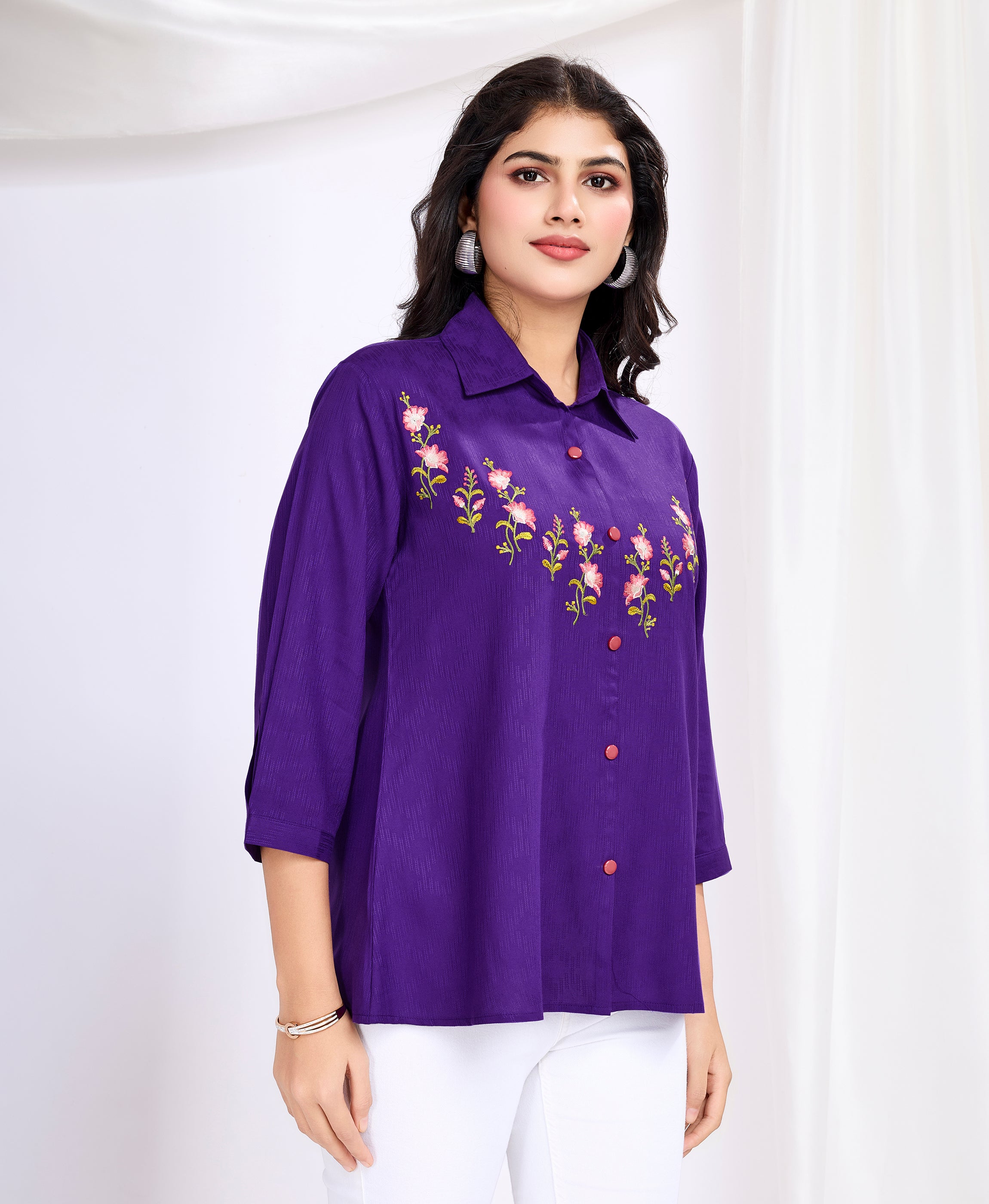 Her Couture Women's Purple Pure Viscose Floral Embroidered Shirt Style Top