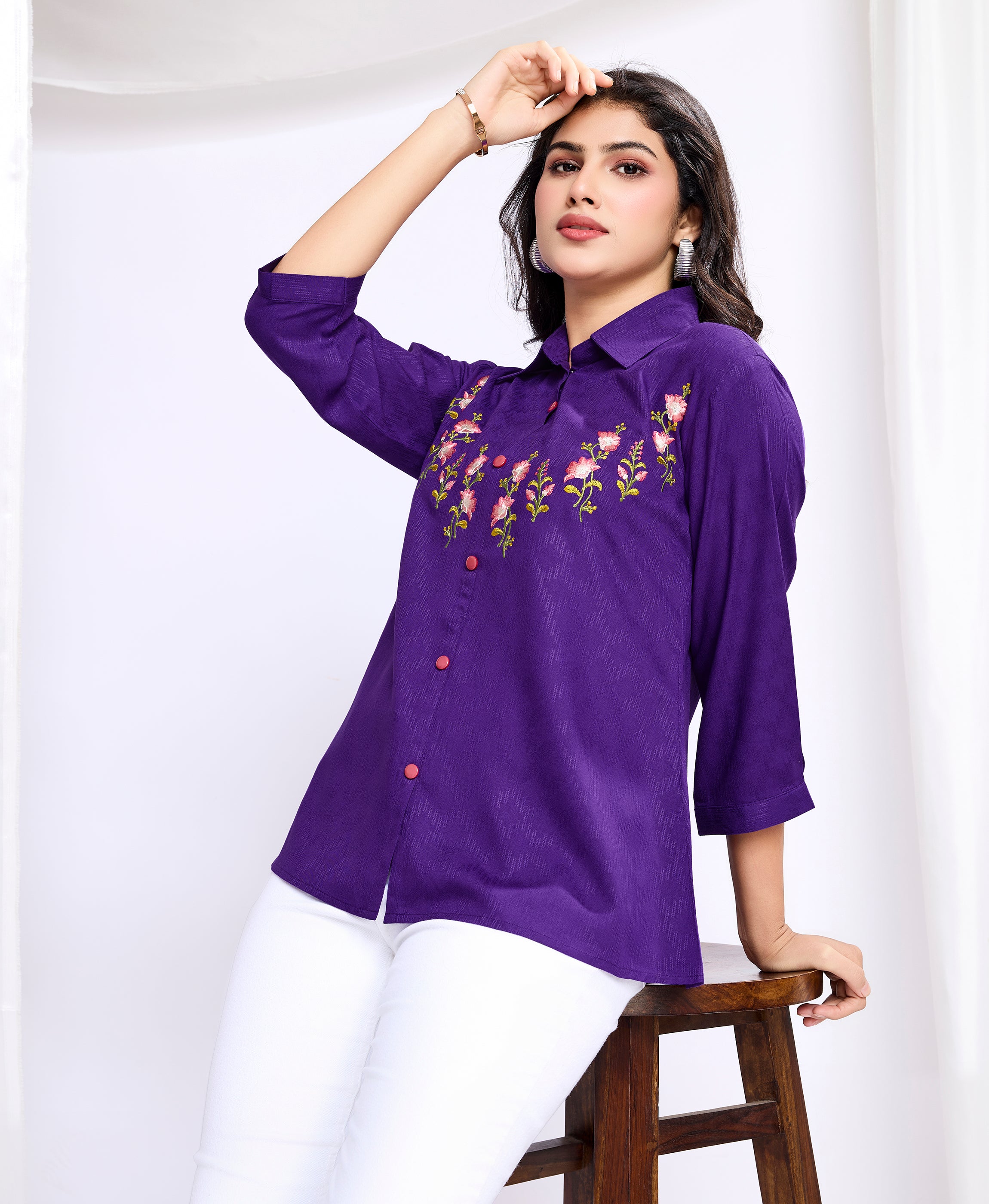 Her Couture Women's Purple Pure Viscose Floral Embroidered Shirt Style Top