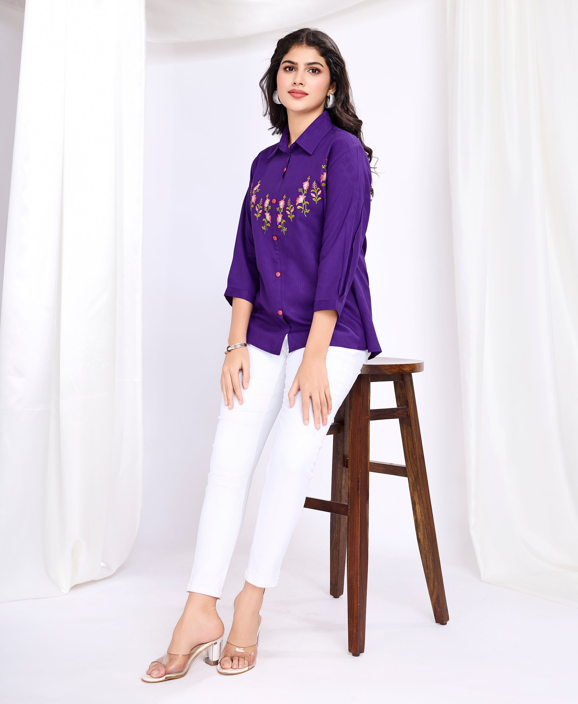 Her Couture Women's Purple Pure Viscose Floral Embroidered Shirt Style Top