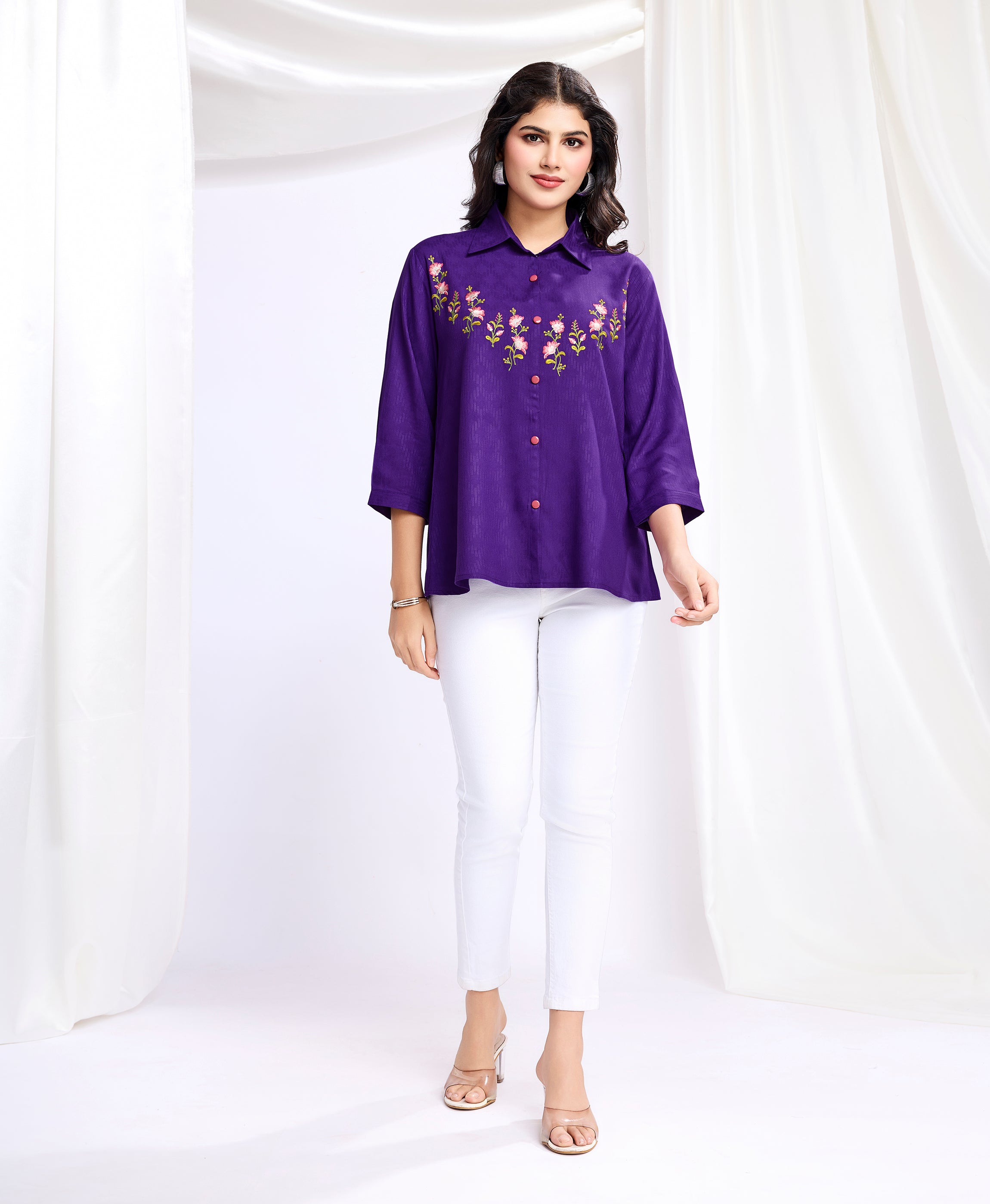 Her Couture Women's Purple Pure Viscose Floral Embroidered Shirt Style Top