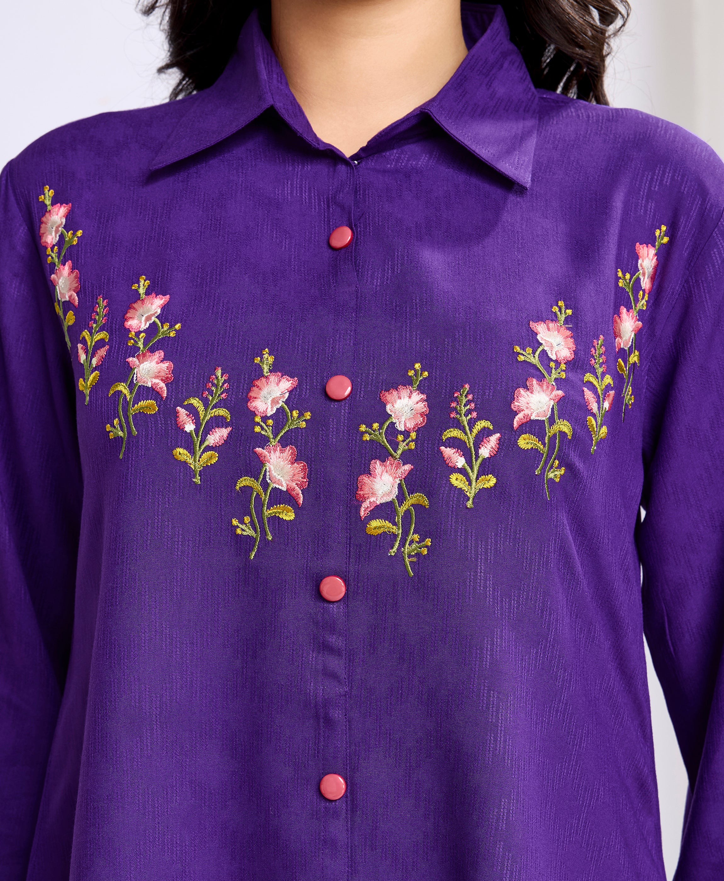 Her Couture Women's Purple Pure Viscose Floral Embroidered Shirt Style Top