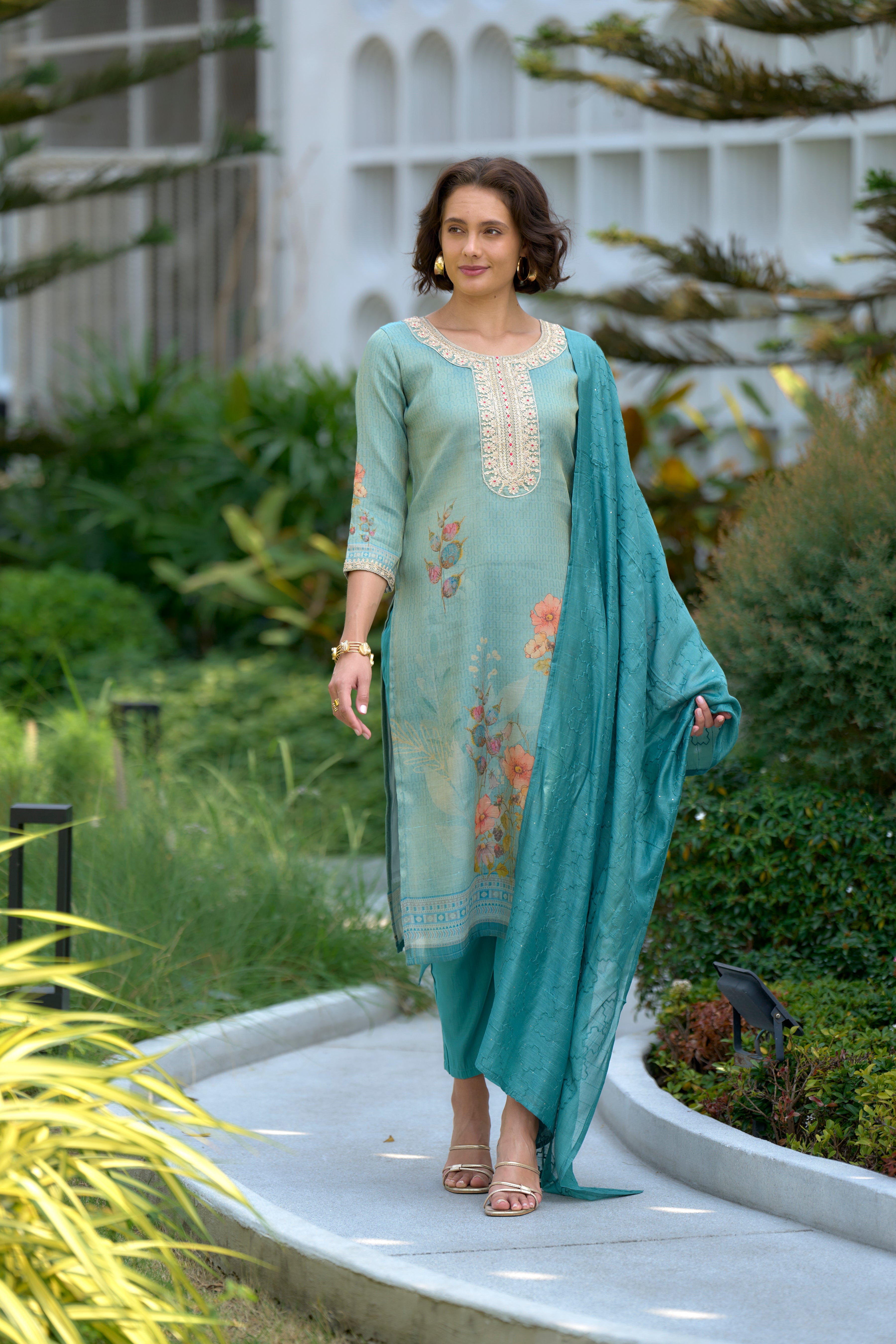 Sea Green Tissue Silk Straight Festive & Party Kurta Set by Her Couture