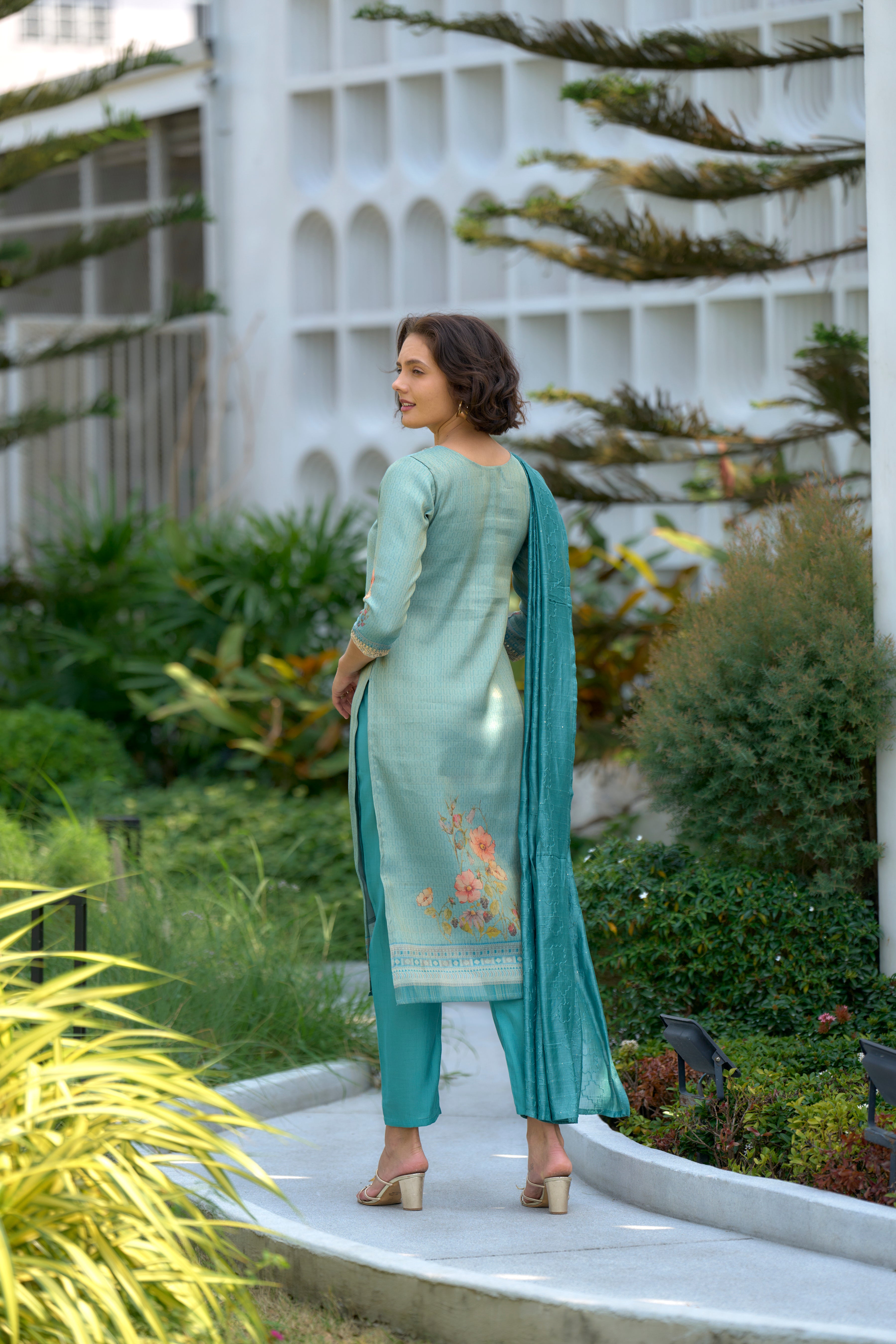 Her Couture Women's Sea Green Tissue Silk Embroidered Straight Kurta With Pant & Printed Dupatta