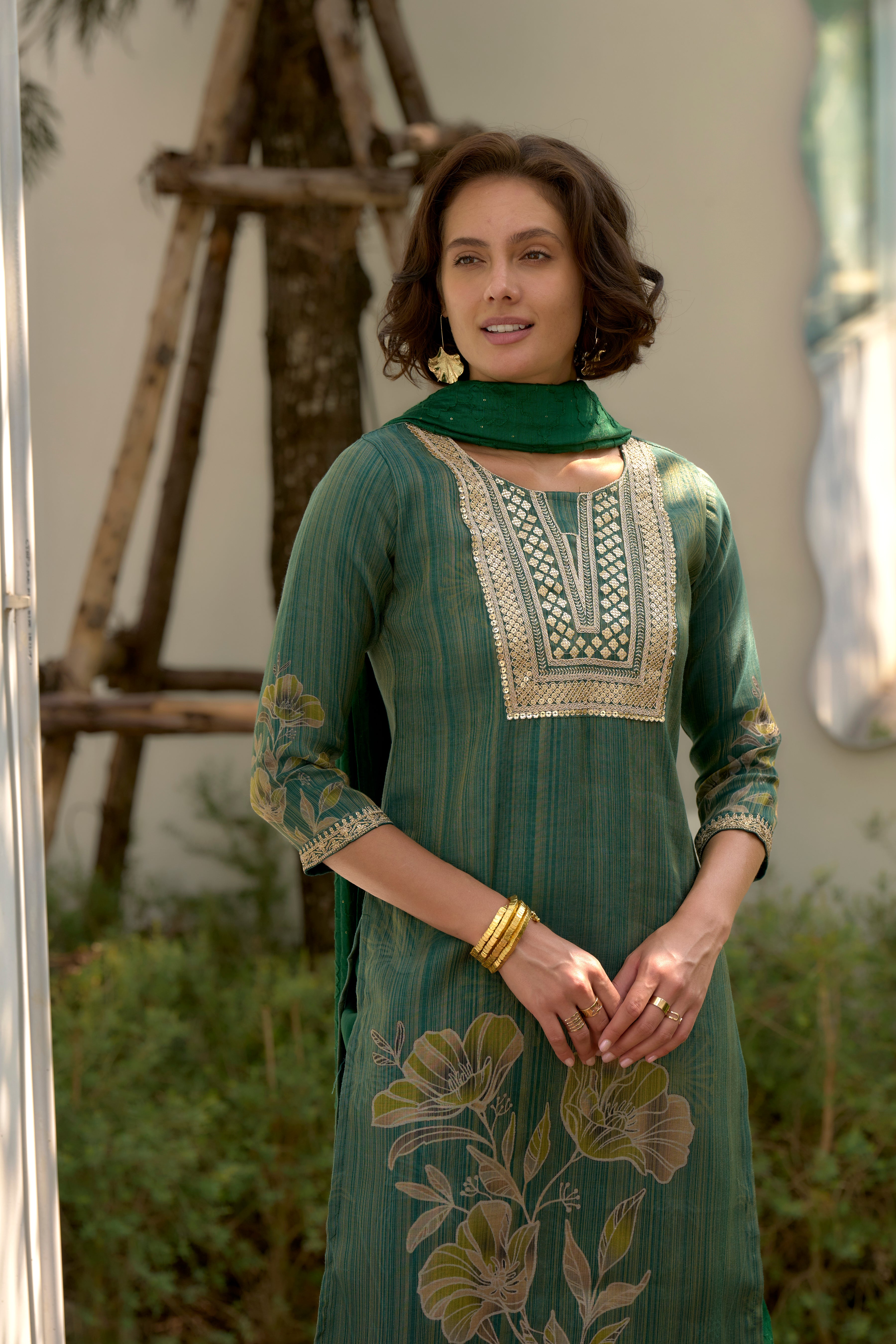 Her Couture Women's Green Tissue Silk Embroidered Straight Kurta With Pant & Printed Dupatta