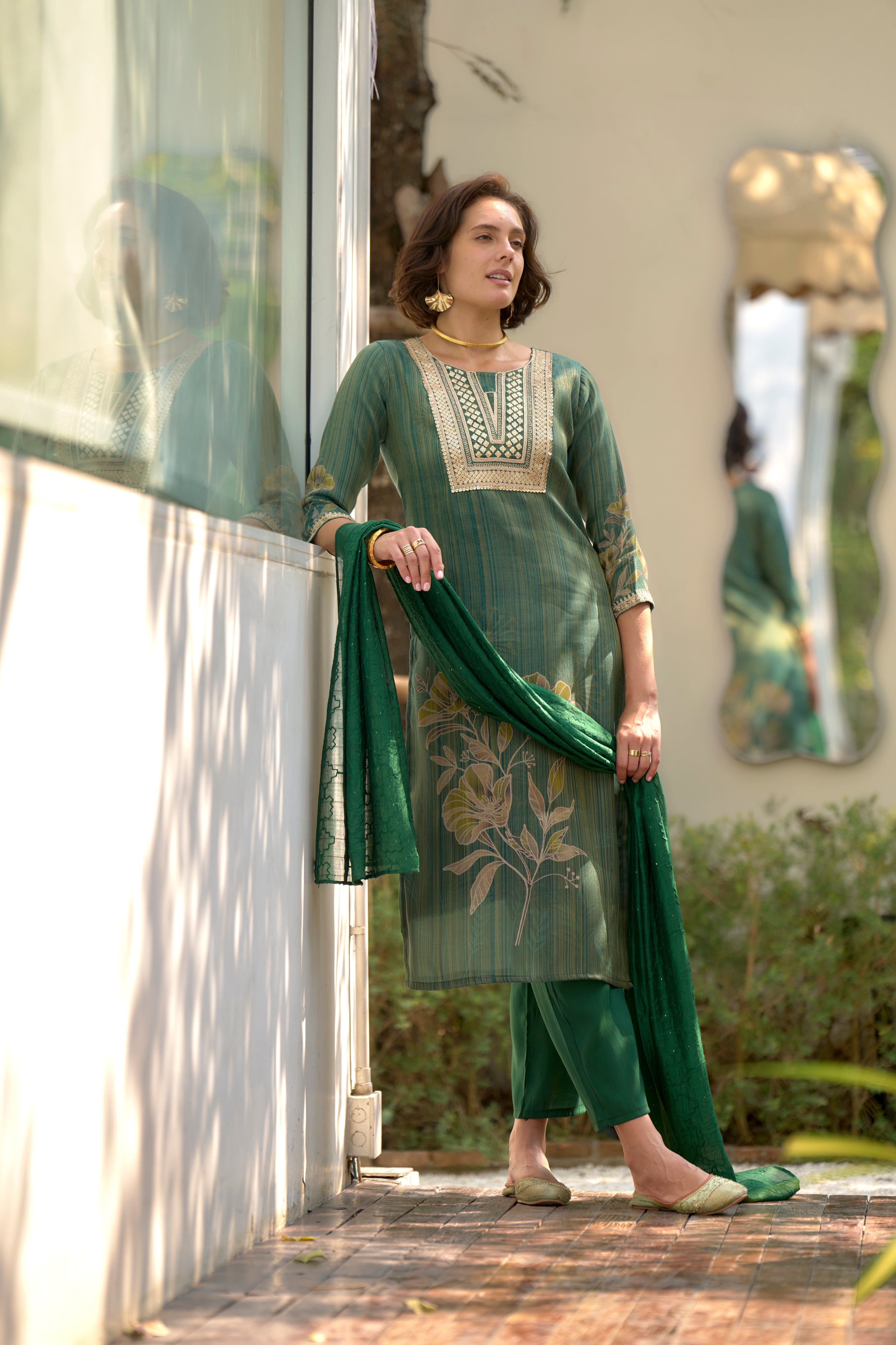 Her Couture Women's Green Tissue Silk Embroidered Straight Kurta With Pant & Printed Dupatta